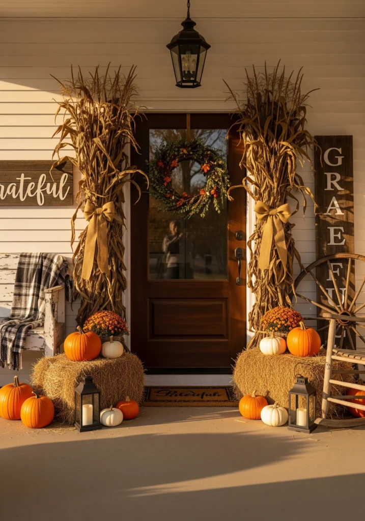 11 Front Porch Decor Ideas for a Warm Thanksgiving Welcome corn husk porch decor