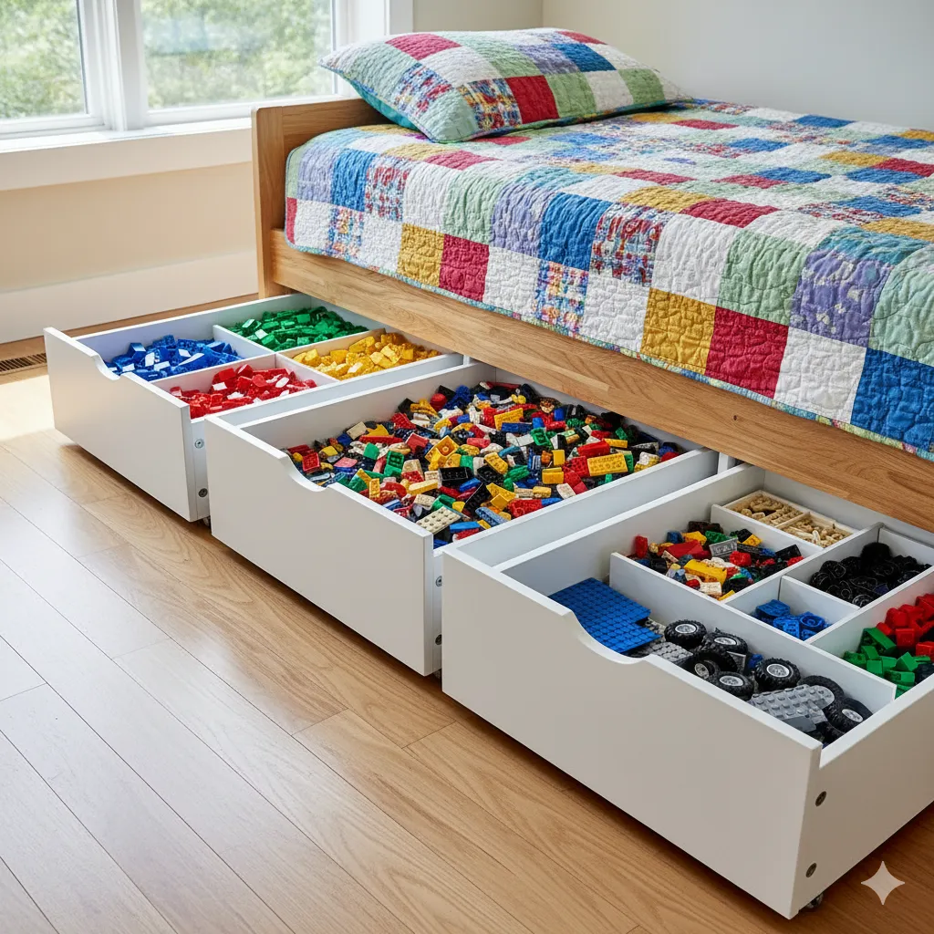 17 Genius Lego Storage Ideas Every Kid’s Room Needs lego storage under bed