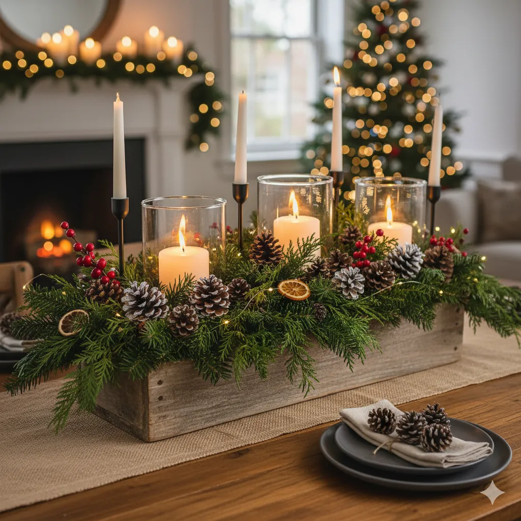 11 Must-Try Rustic Christmas Centerpieces with Pinecones & Greenery wooden box centerpiece