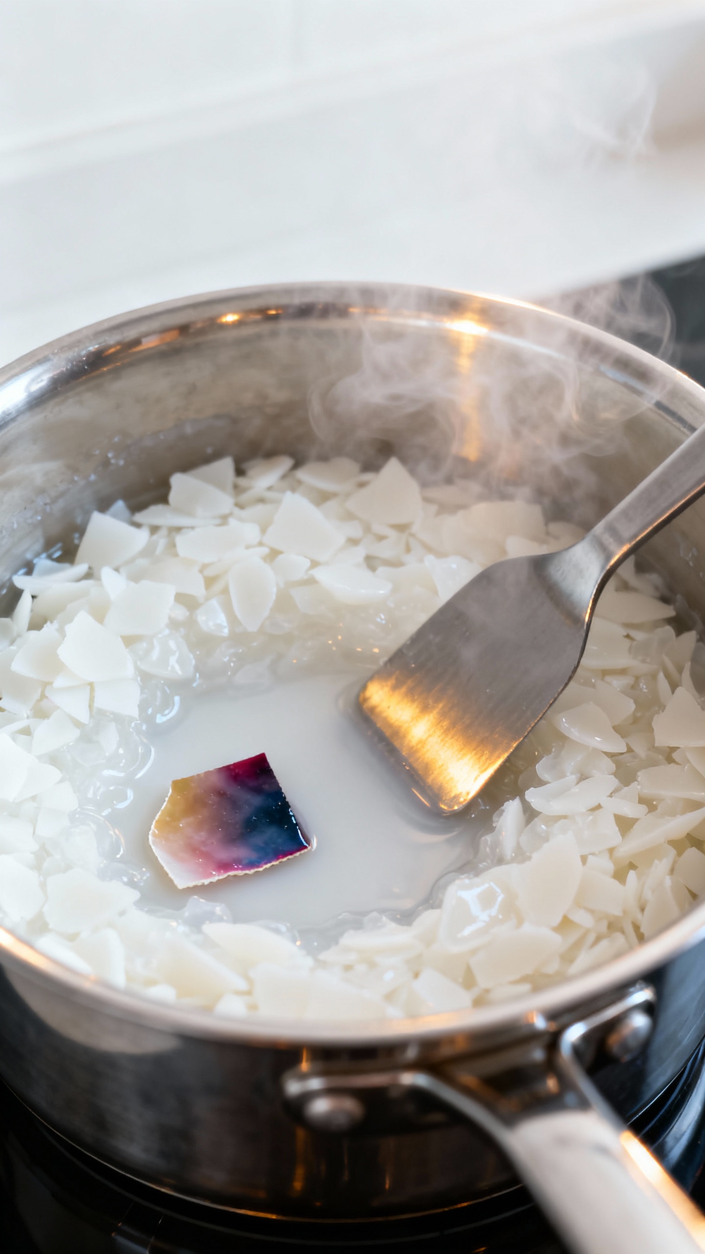 How To Make Candles At Home — Easy DIY For Beginners Closeup double boiler melting white wax flakes, steam rising, metal spatula stirring, dye chip parti
