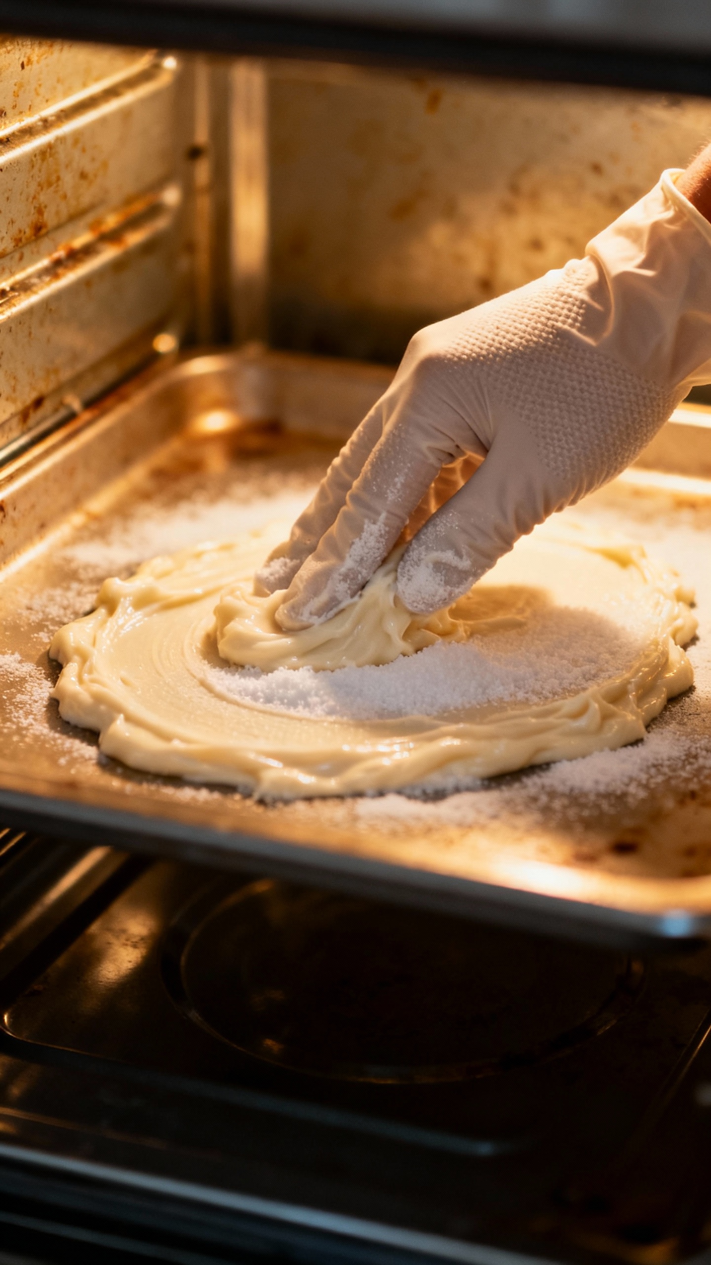 Closeup gloved hand spreading baking soda paste inside oven