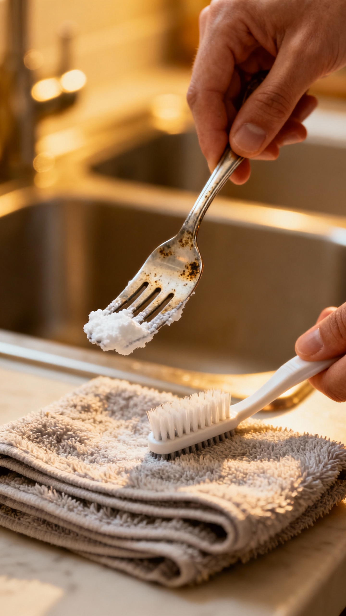 How To Clean Silverware and Bring Back That Brilliant Shine Closeup hands applying baking soda paste to tarnished fork, soft toothbrush, microfiber towel, warm