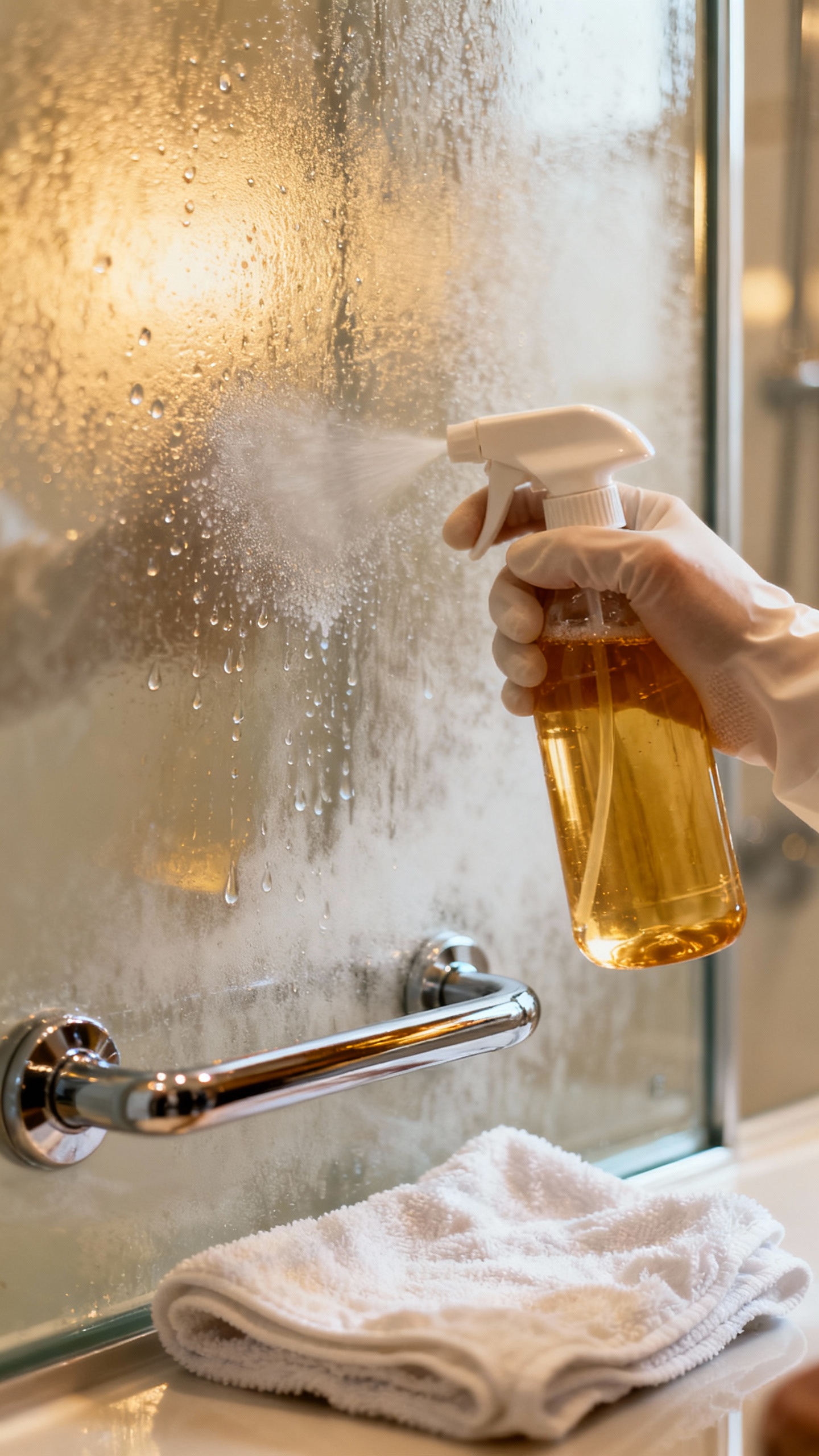 How To Clean Glass Shower Doors Until They Shine Like New Closeup hands in rubber gloves spraying warm vinegar on foggy glass shower door, microfiber cloth ne
