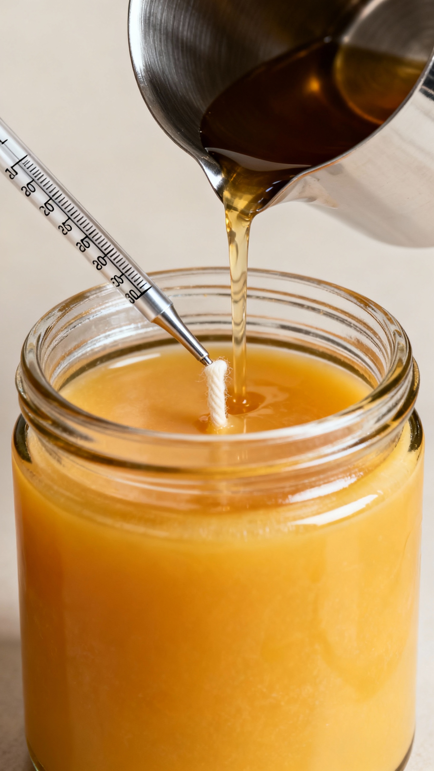 How To Make Candles At Home — Easy DIY For Beginners Closeup hands pouring molten soy wax into glass jar, centered cotton wick, thermometer nearby, stain