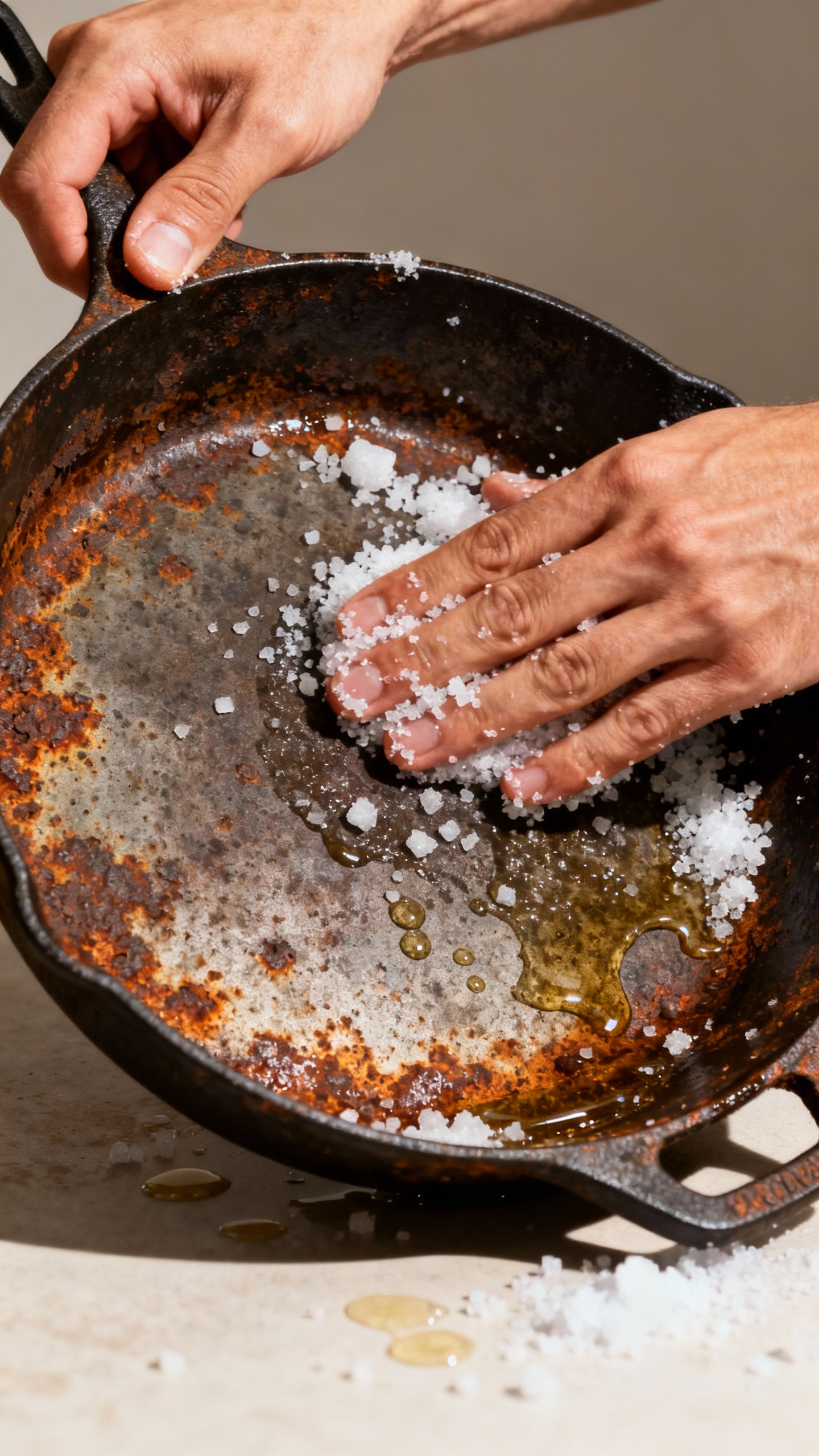 How To Remove Rust From Cast Iron And Restore Its Shine Closeup hands scrubbing rusty cast iron skillet with salt and oil