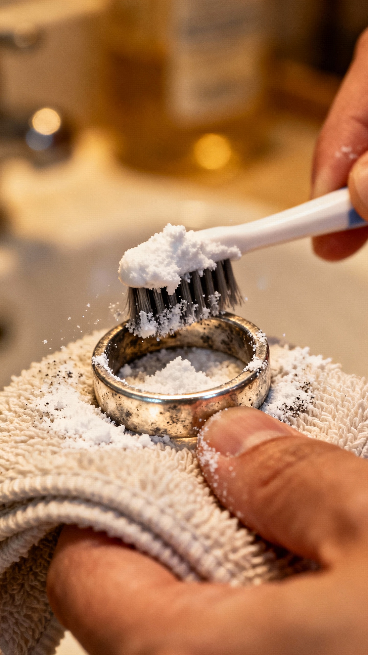 How To Clean Silver Jewelry And Make It Shine Like New Closeup hands scrubbing tarnished silver ring with baking soda paste, soft toothbrush, microfiber cl