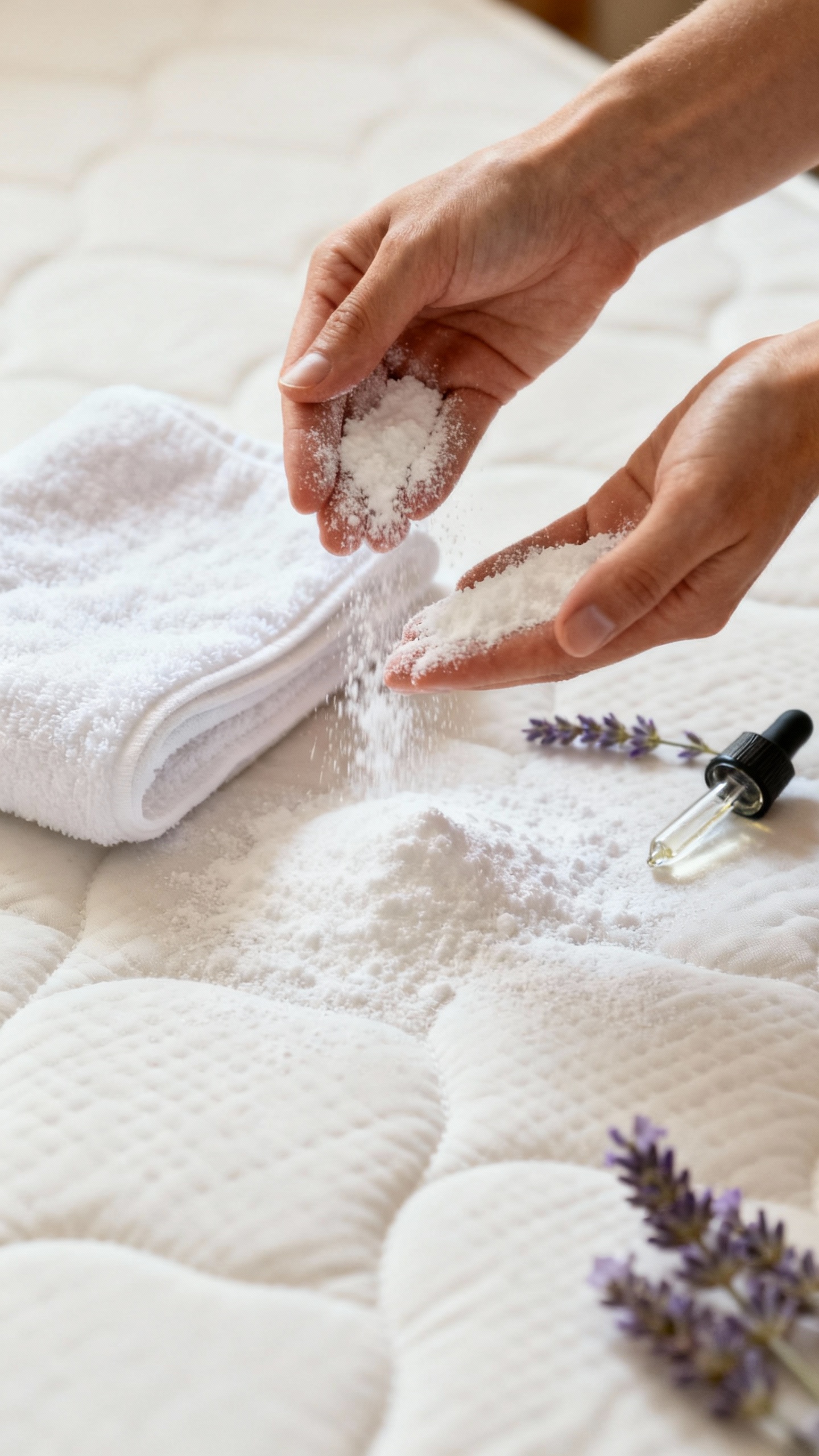 How To Deep Clean A Mattress And Make It Smell Fresh Again Closeup hands sprinkling baking soda on mattress, white microfiber towel, lavender oil dropper