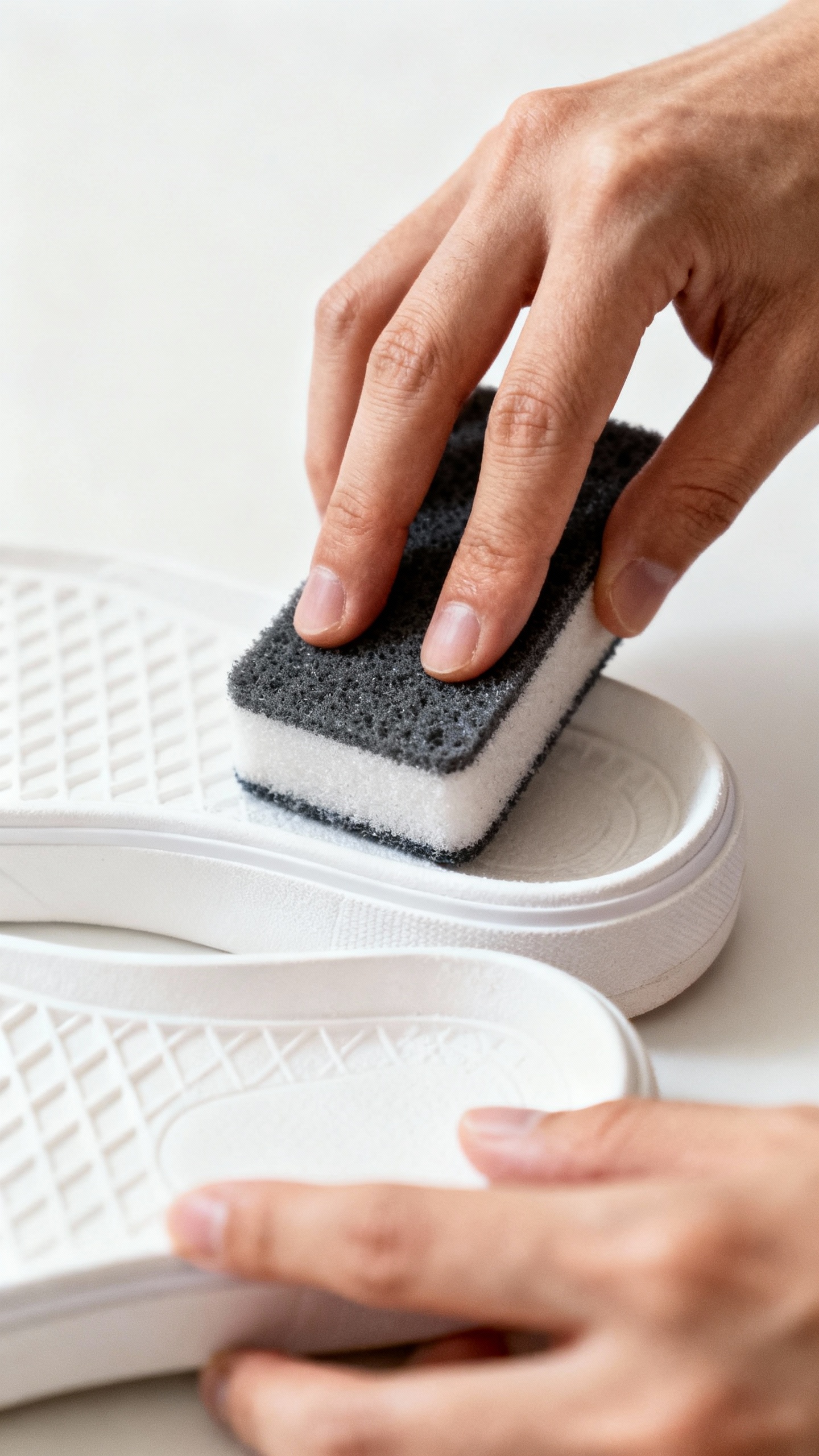 How To Clean Shoes And Make Them Look Brand New Again Closeup hands using magic eraser on white rubber midsoles