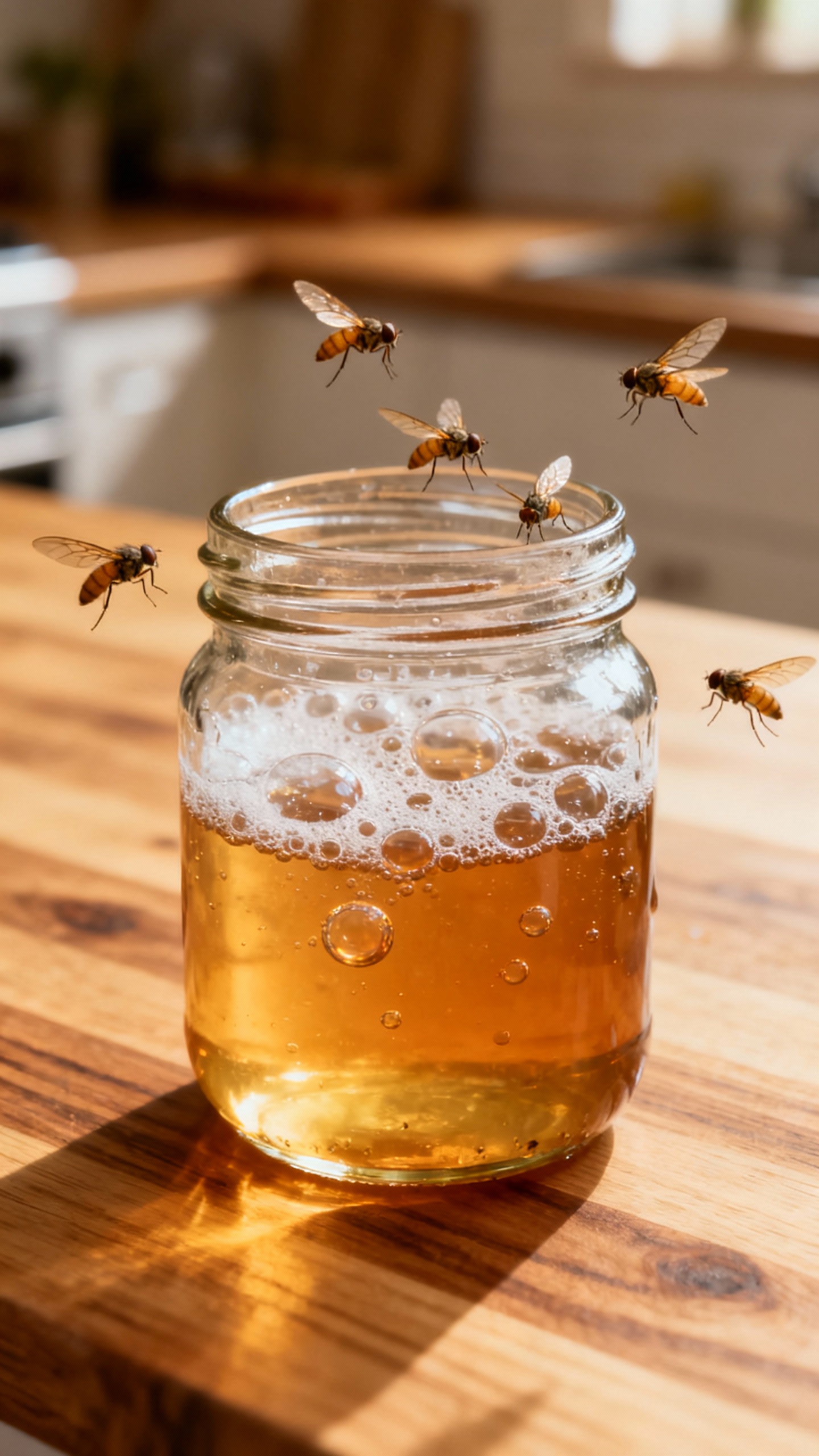 Closeup jar trap with apple cider vinegar and dish soap bubbles, tiny tan fruit flies hovering, kitc