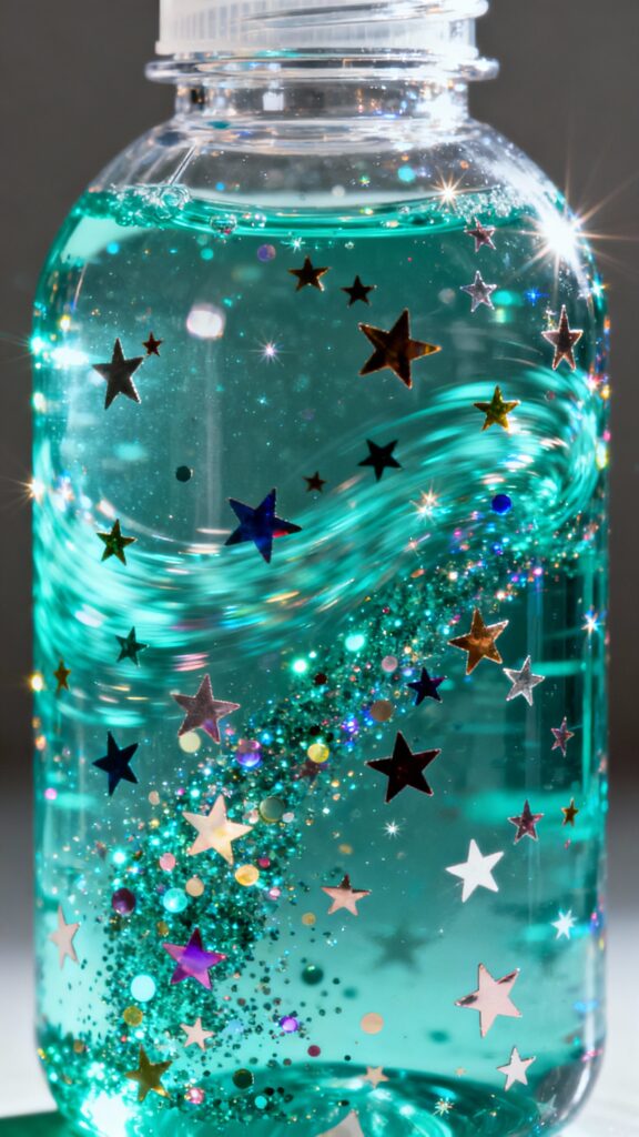 DIY Sensory Bottles: Calming Crafts For Kids (easy & Beautiful) Closeup of clear plastic bottle swirling glitter, sequins, star confetti, teal-tinted water