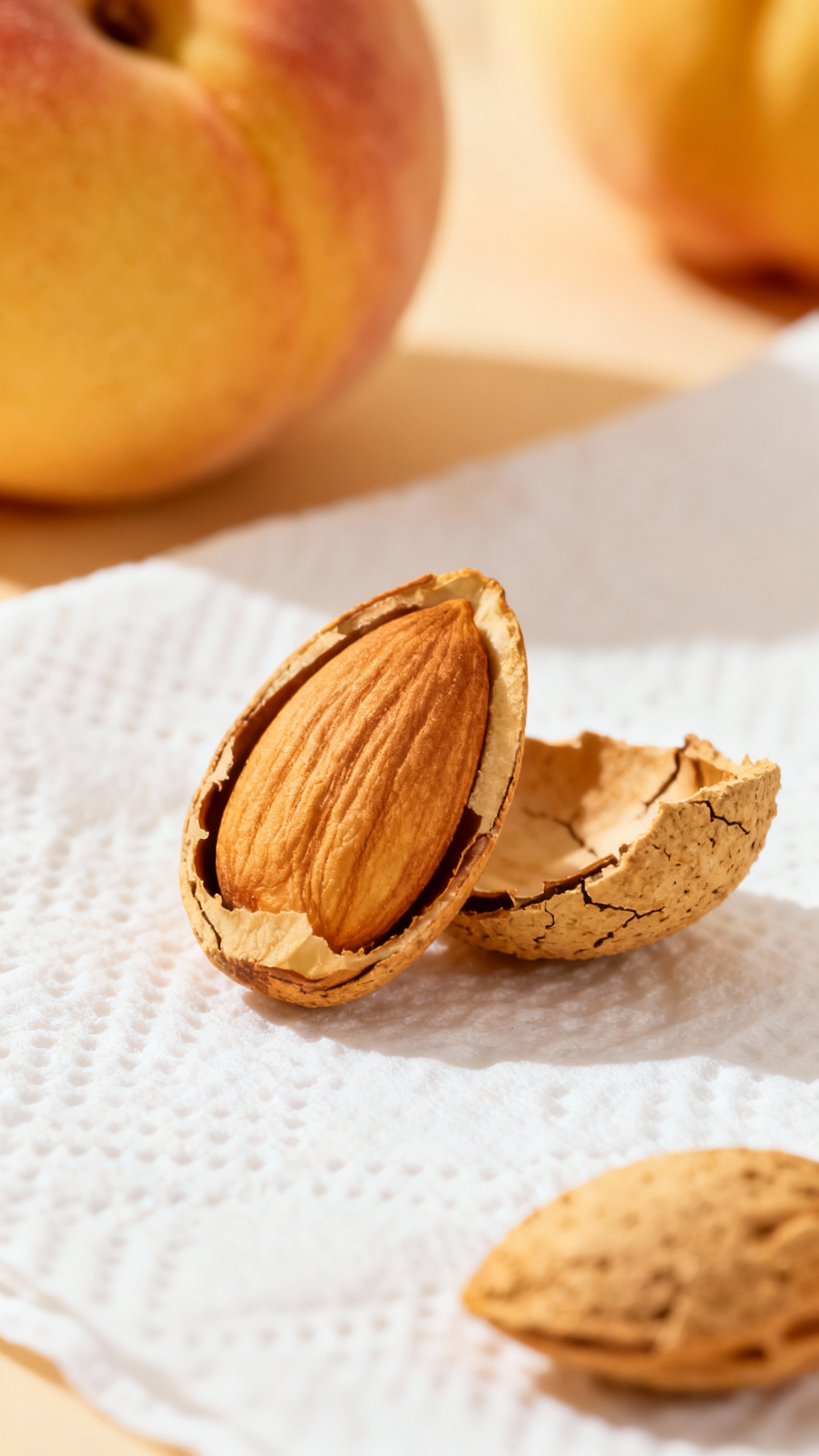 How To Grow A Peach Tree From A Pit — Turn One Fruit Into A Beautiful Backyard Tree Closeup of cracked peach pit revealing almond-like seed on paper towel