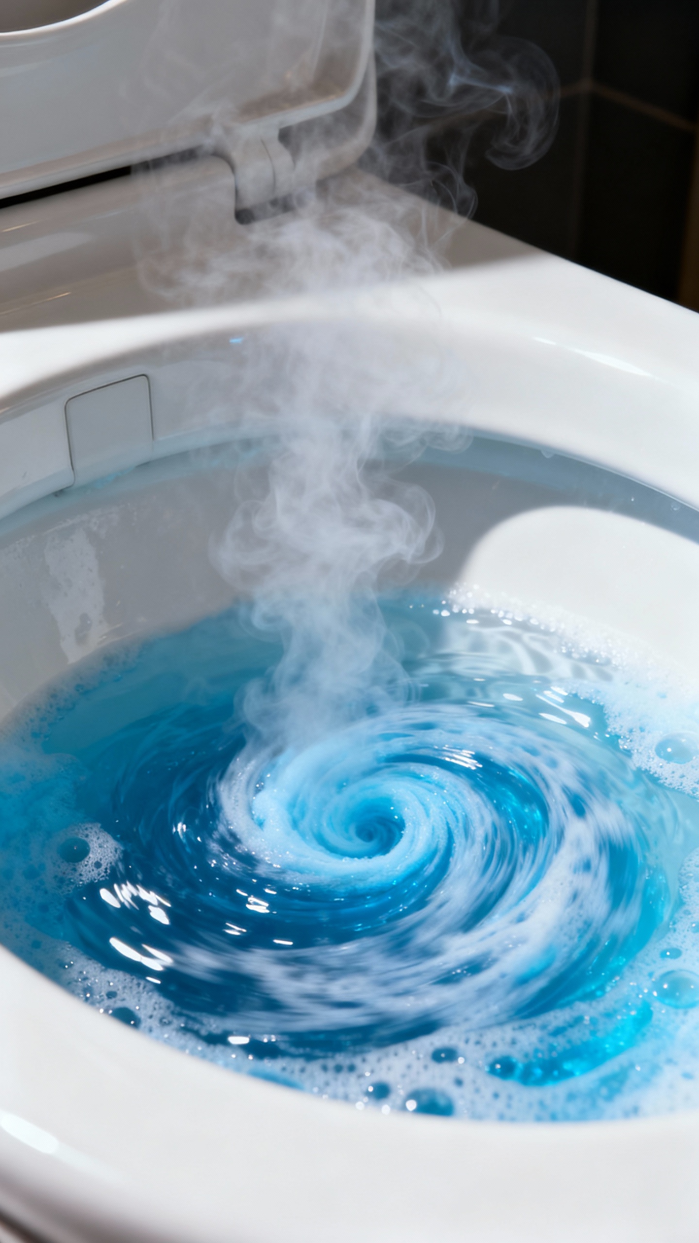 How To Unclog A Toilet Without A Plunger (fast & Easy Fix!) Closeup of dish soap swirling in toilet bowl, white porcelain, blue liquid, rising steam