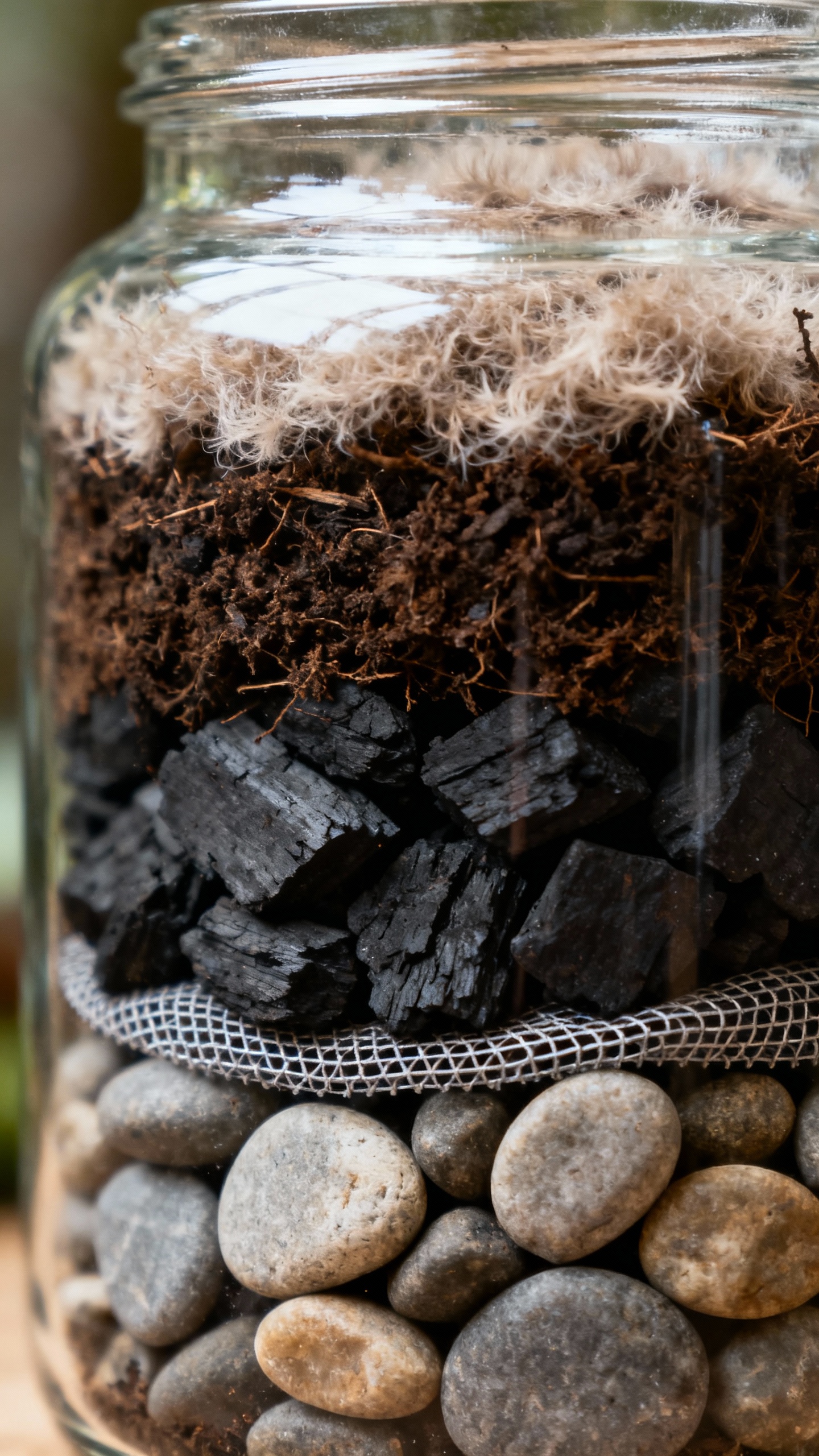 How To Make A Terrarium That Stays Green And Gorgeous Closeup of glass jar terrarium layers: pebbles, charcoal, mesh, airy soil