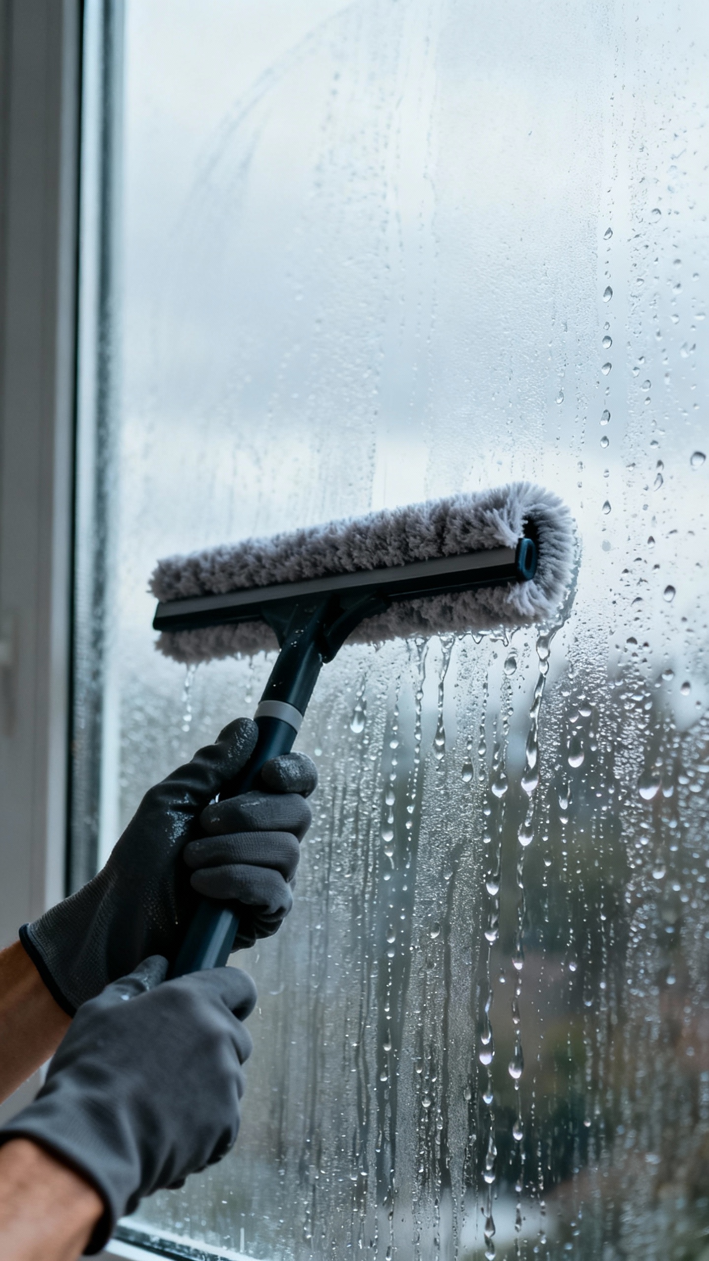 Closeup of gloved hands pulling squeegee downward on wet window, water beading, microfiber wiping bl