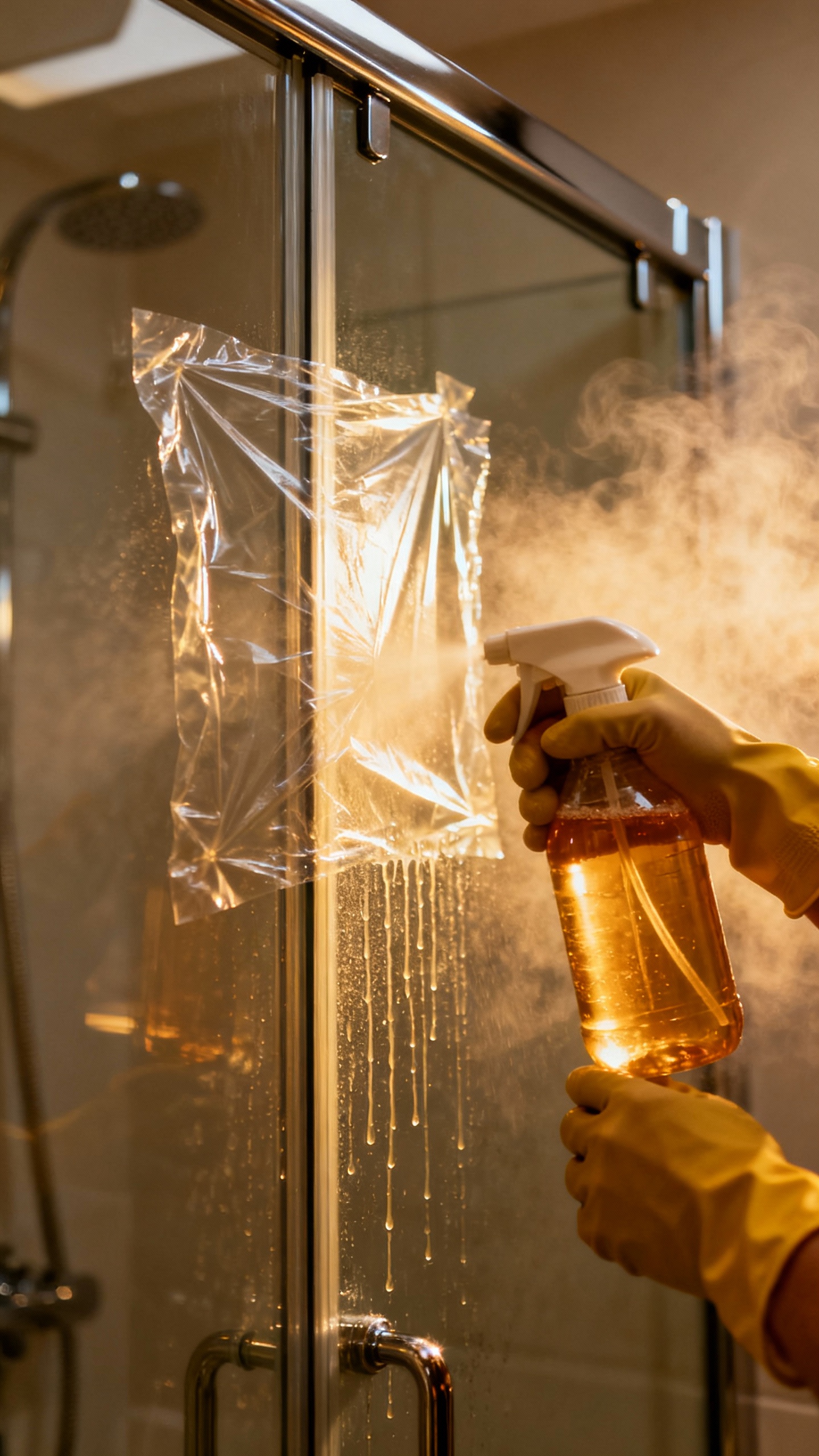 How To Remove Soap Scum — The Fastest Way, No Scrubbing Needed! Closeup of gloved hands spraying warm vinegar mix on glass shower door, plastic wrap pressed over dr