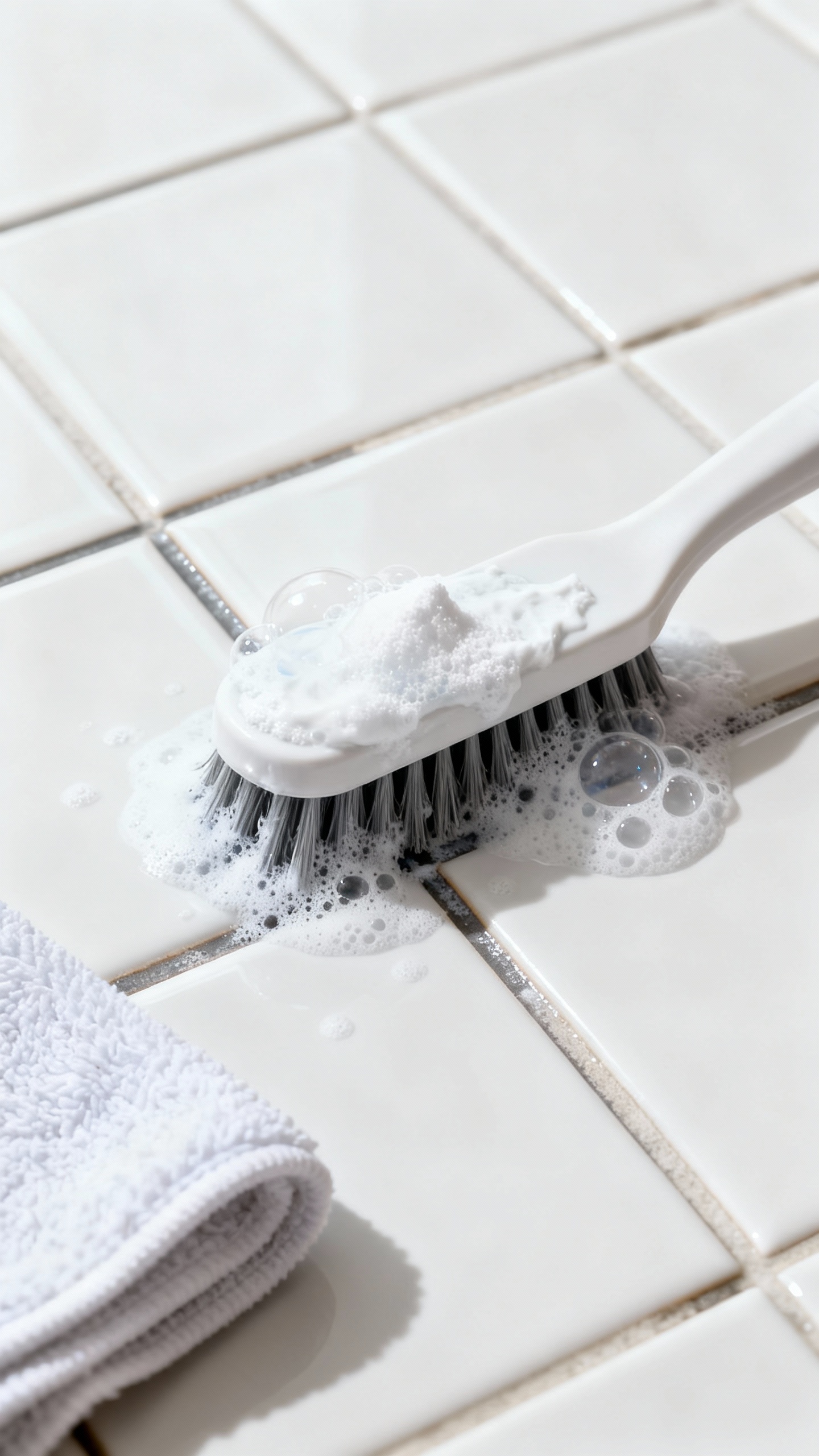 How To Deep Clean Tile Floors (and Make Your Bathroom Sparkle!) Closeup of grout brush scrubbing baking soda paste, white ceramic tiles, fizzing hydrogen peroxide b