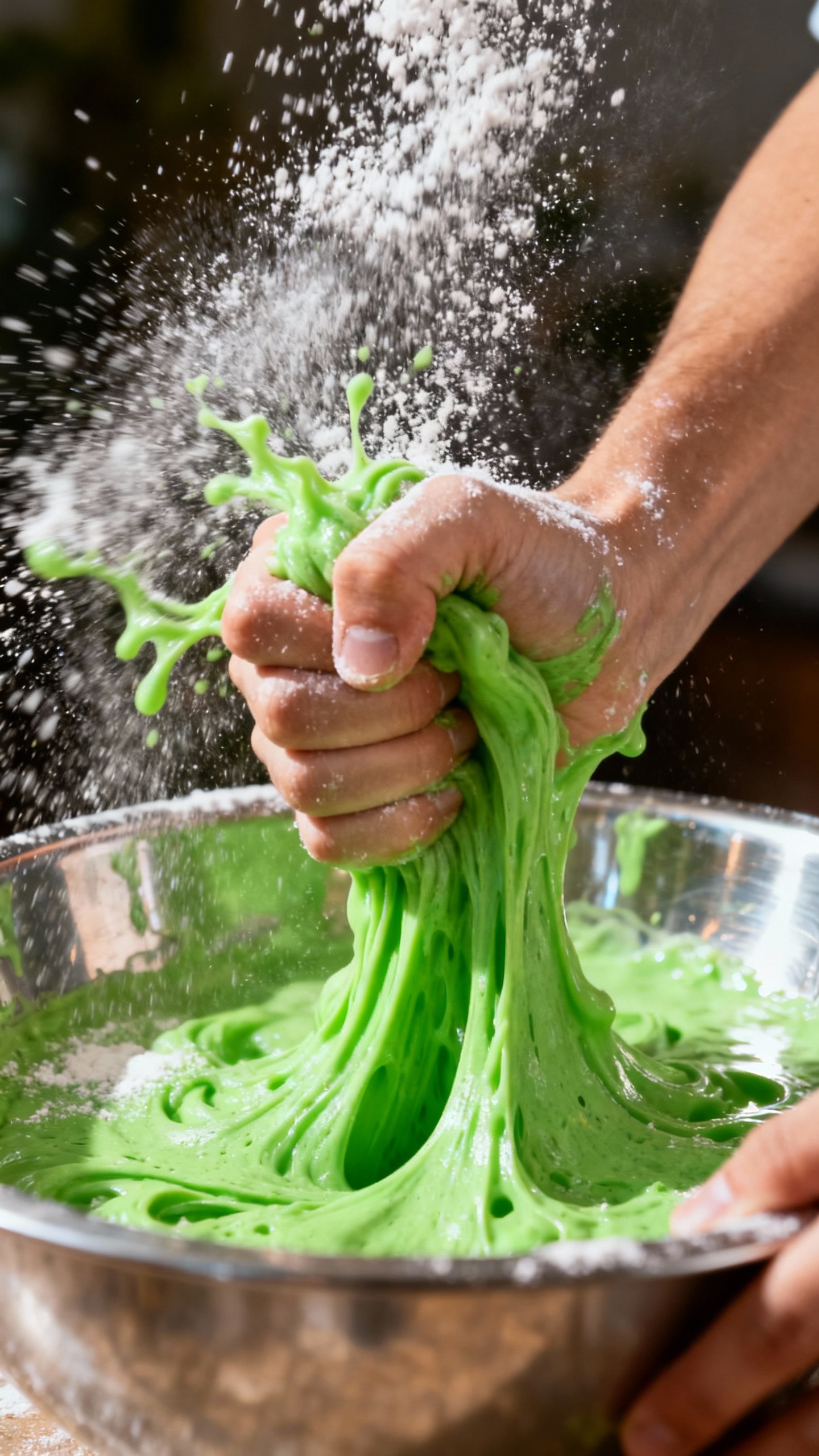 Closeup of hands punching bright green oobleck in metal bowl, cornstarch dust, goo splashing