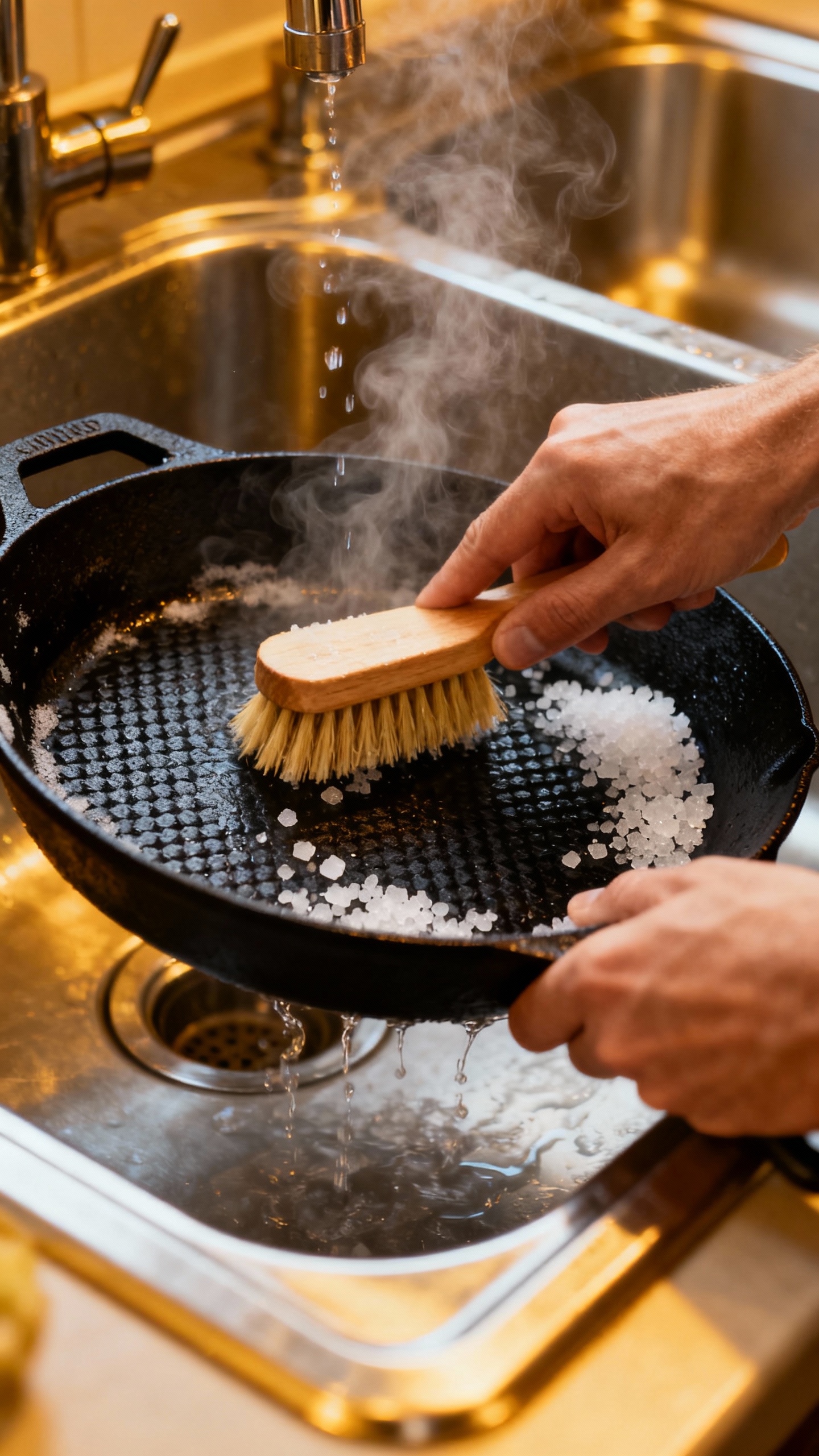 How To Clean A Cast Iron Skillet Without Ruining The Seasoning Closeup of hands scrubbing cast iron skillet with coarse salt, nylon brush, hot water steam, black t