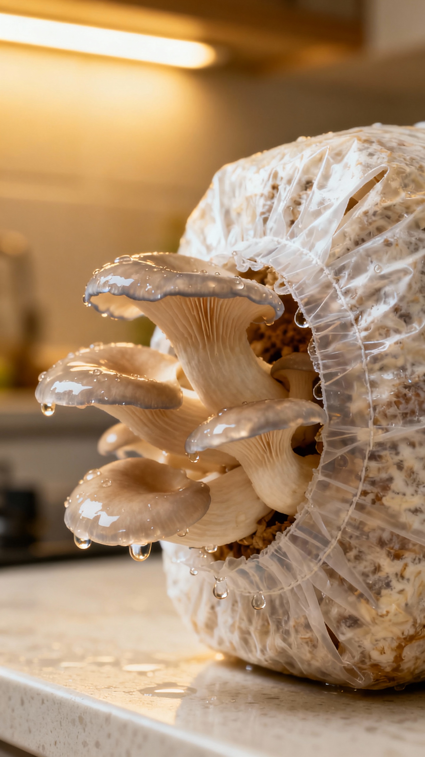 Closeup of oyster mushrooms bursting from X-slit bag, dewy moisture, bright indirect kitchen light