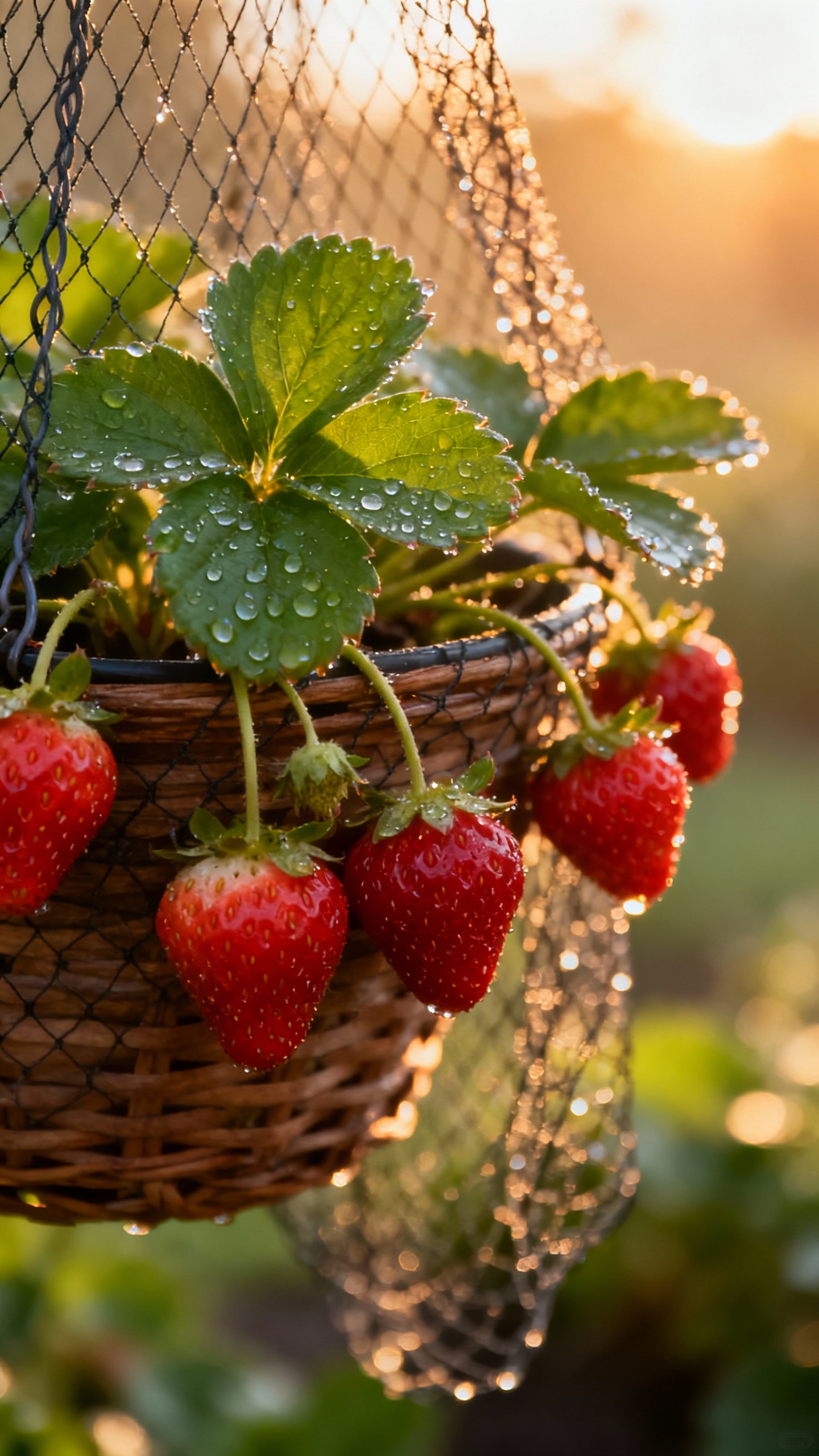 Closeup of ripe strawberries in hanging basket, morning sunlight, bird netting draped, green leaves 