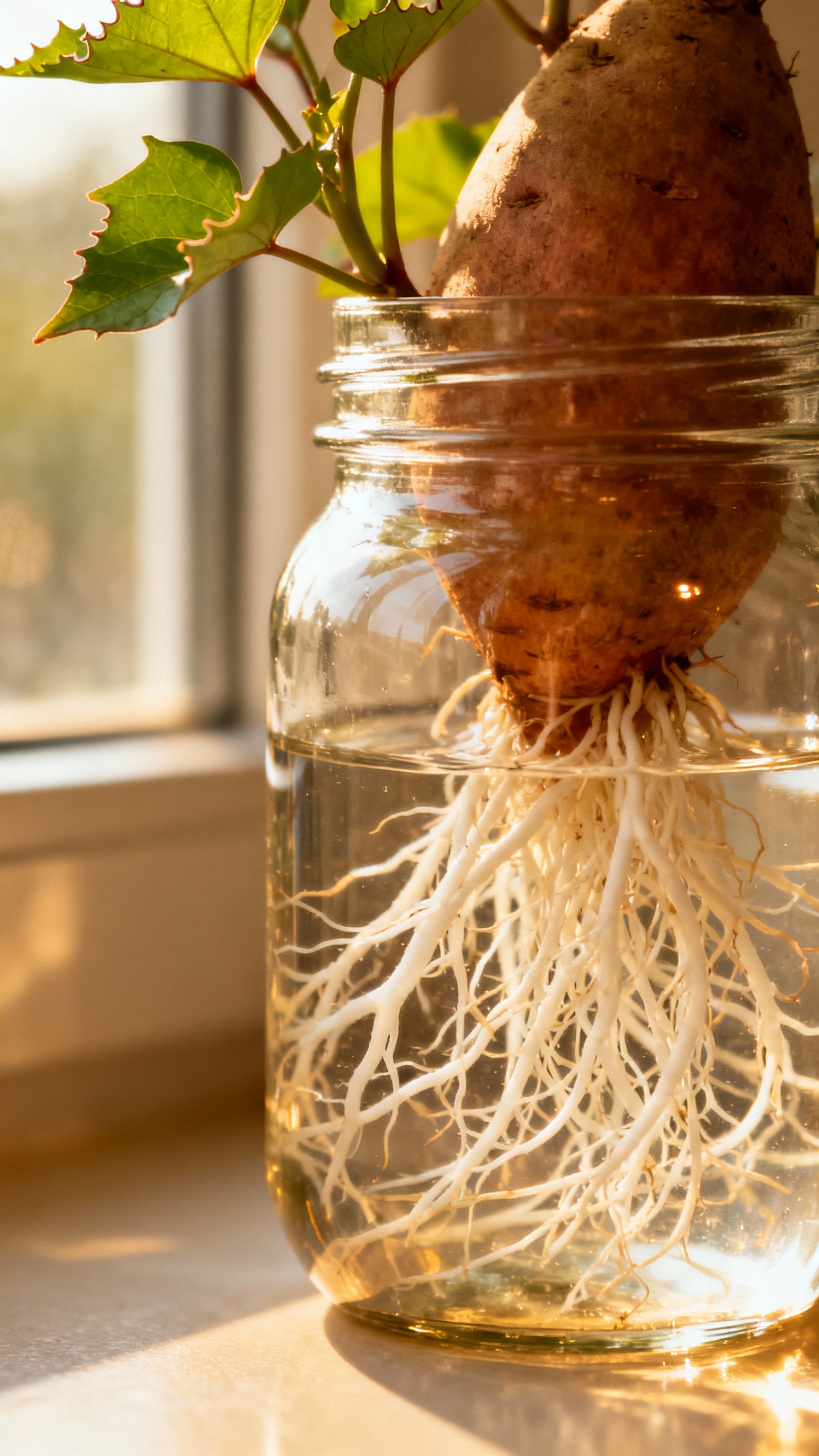 How To Grow Sweet Potatoes — Easy Method For A Lush, Tasty Harvest Closeup of rooted sweet potato slips in glass jar, white roots, green leaves, warm window light