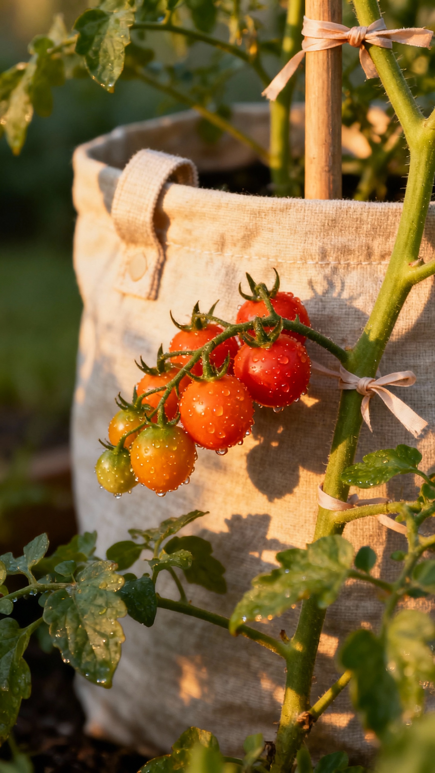 How To Grow Tomatoes — Big, Flavor-packed Fruits Even In Small Spaces Closeup of ‘Sun Gold’ cherry tomatoes on vine, morning dew, fabric grow bag, soft ties on tall s