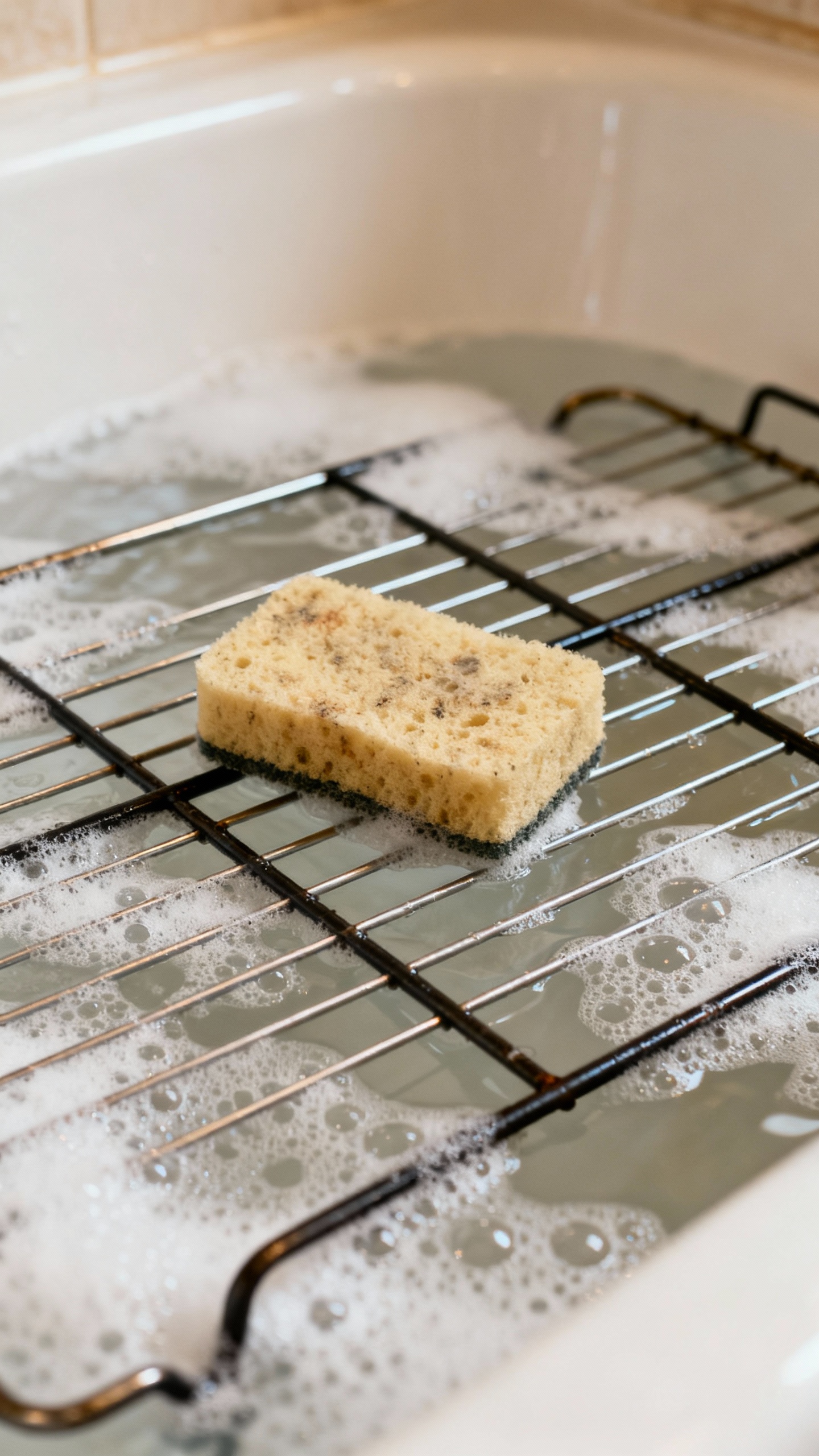 Closeup oven racks soaking in bathtub with sudsy water and sponge