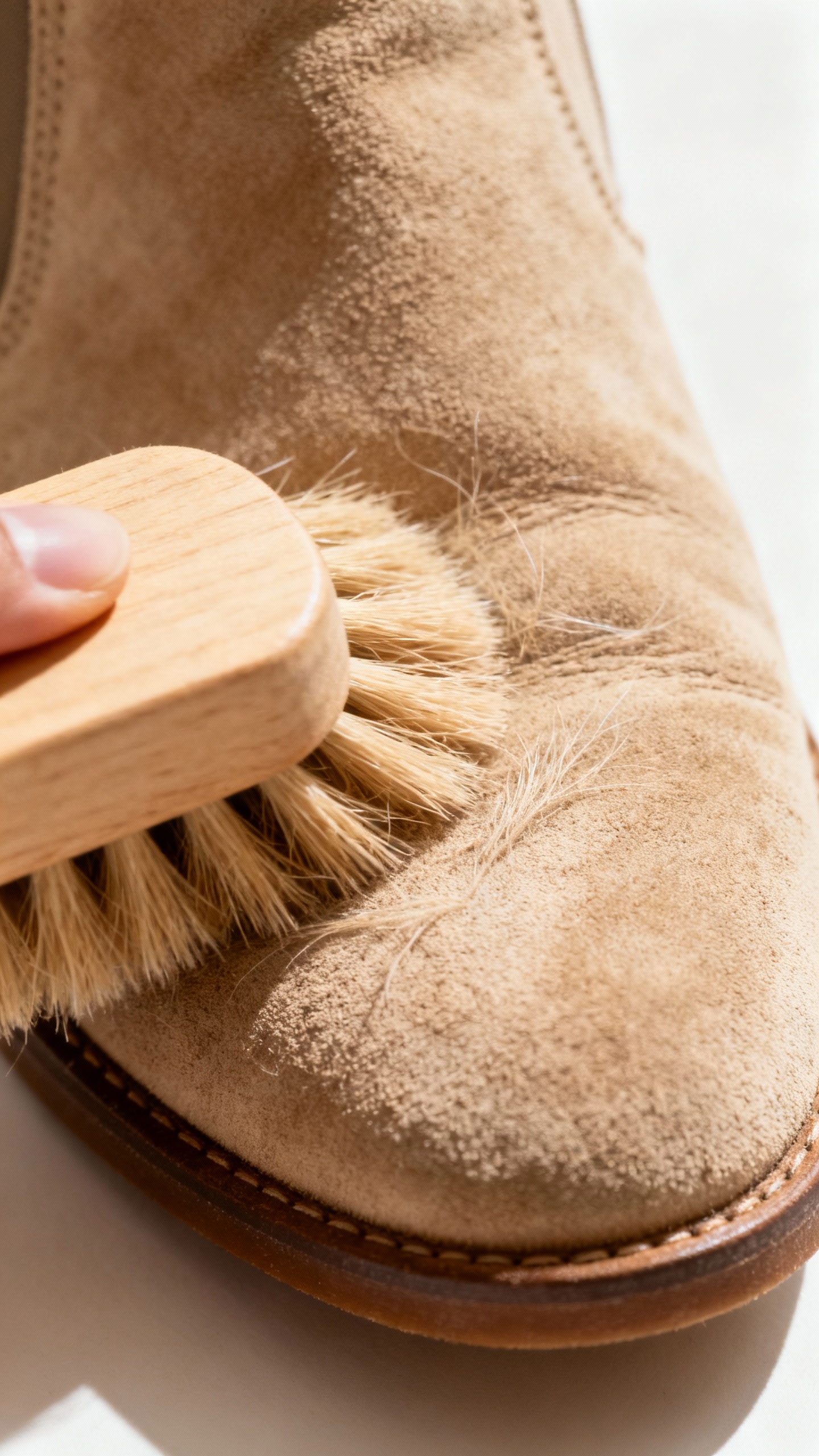 How To Clean Shoes And Make Them Look Brand New Again Closeup suede shoe brushed with suede brush, light tan fibers