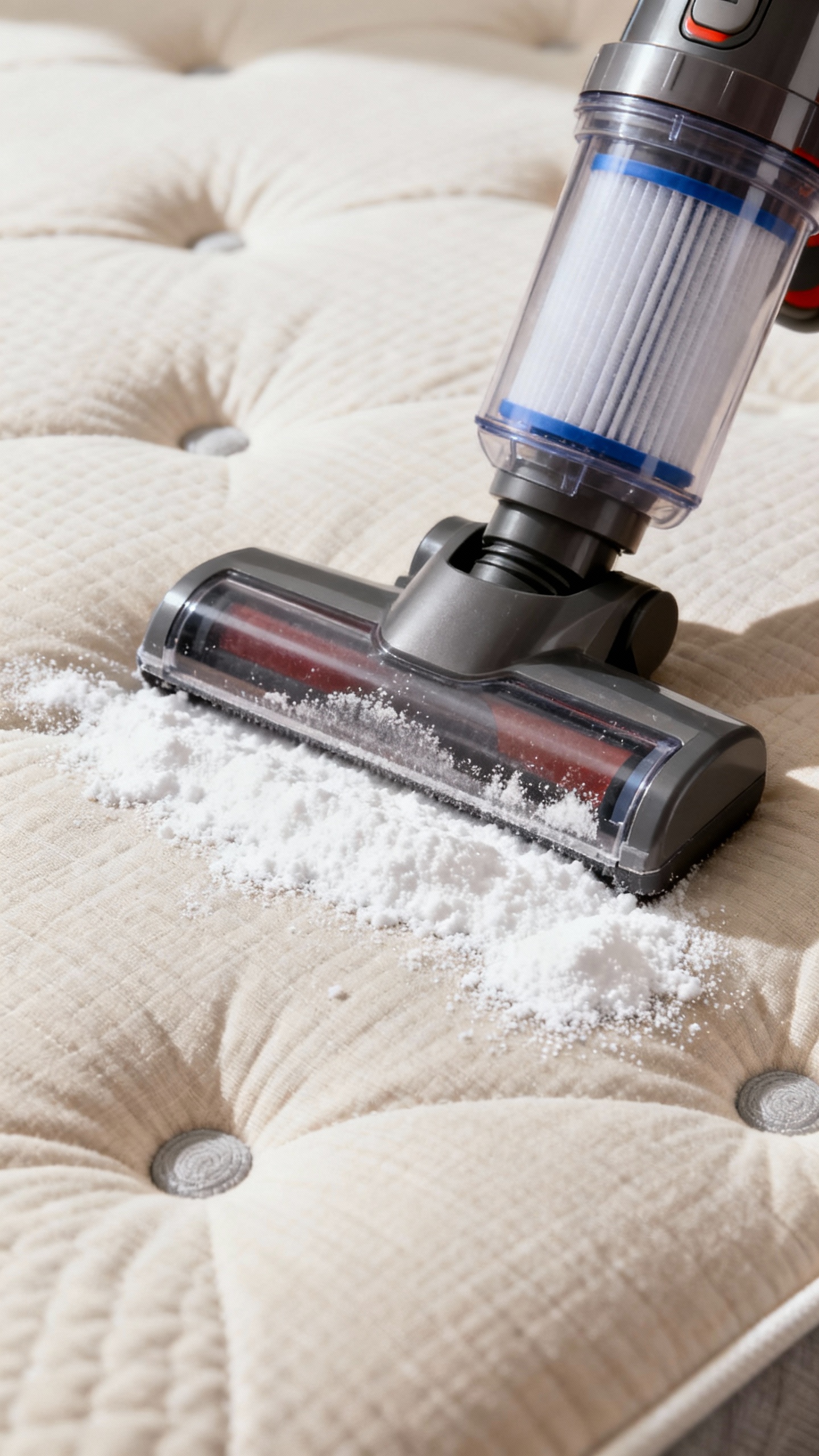 How To Deep Clean A Mattress And Make It Smell Fresh Again Closeup upholstery vacuum cleaning mattress tufts, HEPA filter canister, fine baking soda residue
