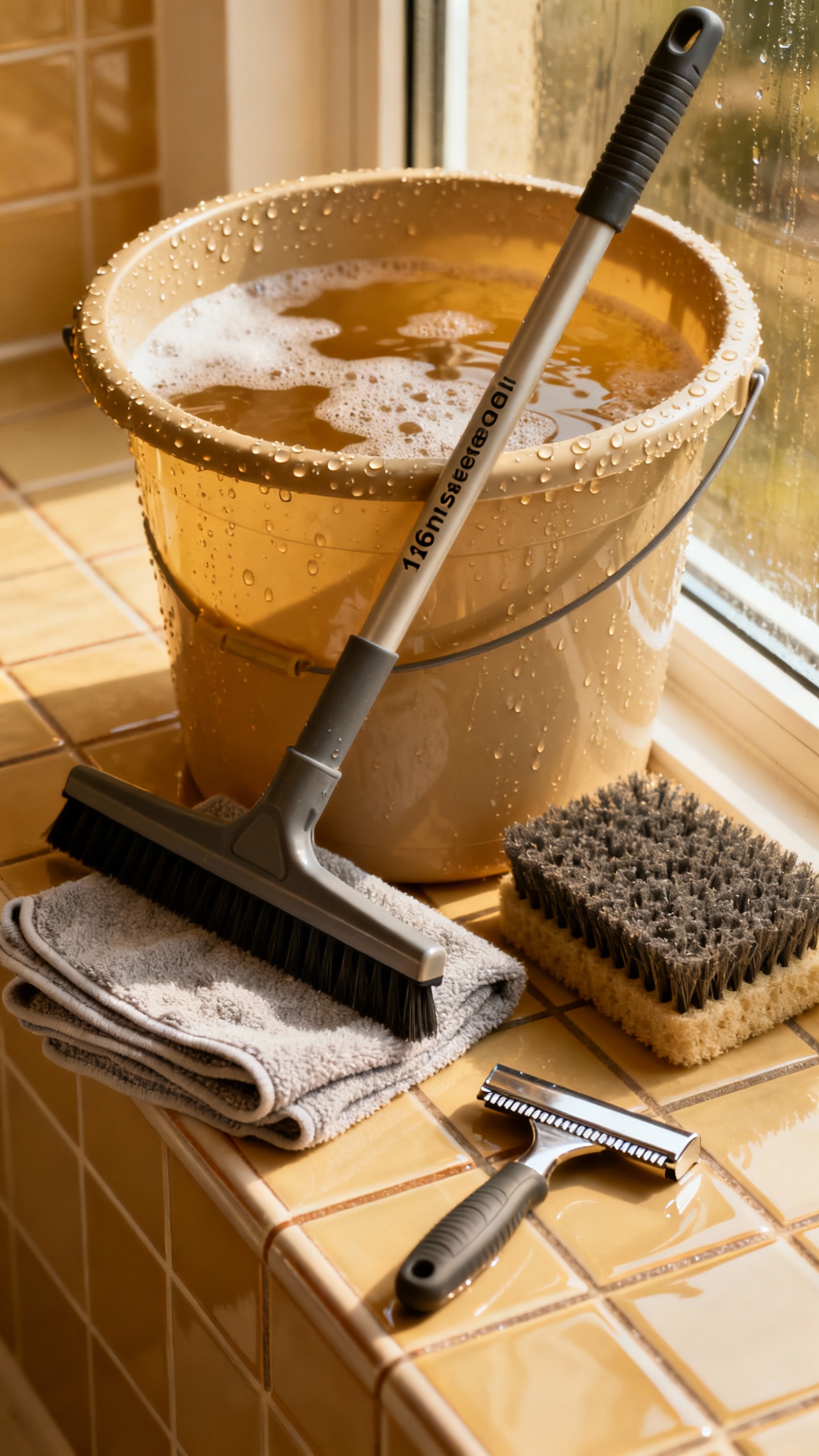 Detail shot of bucket with warm soapy water, 16-inch squeegee, clean microfiber cloths, non-scratch 