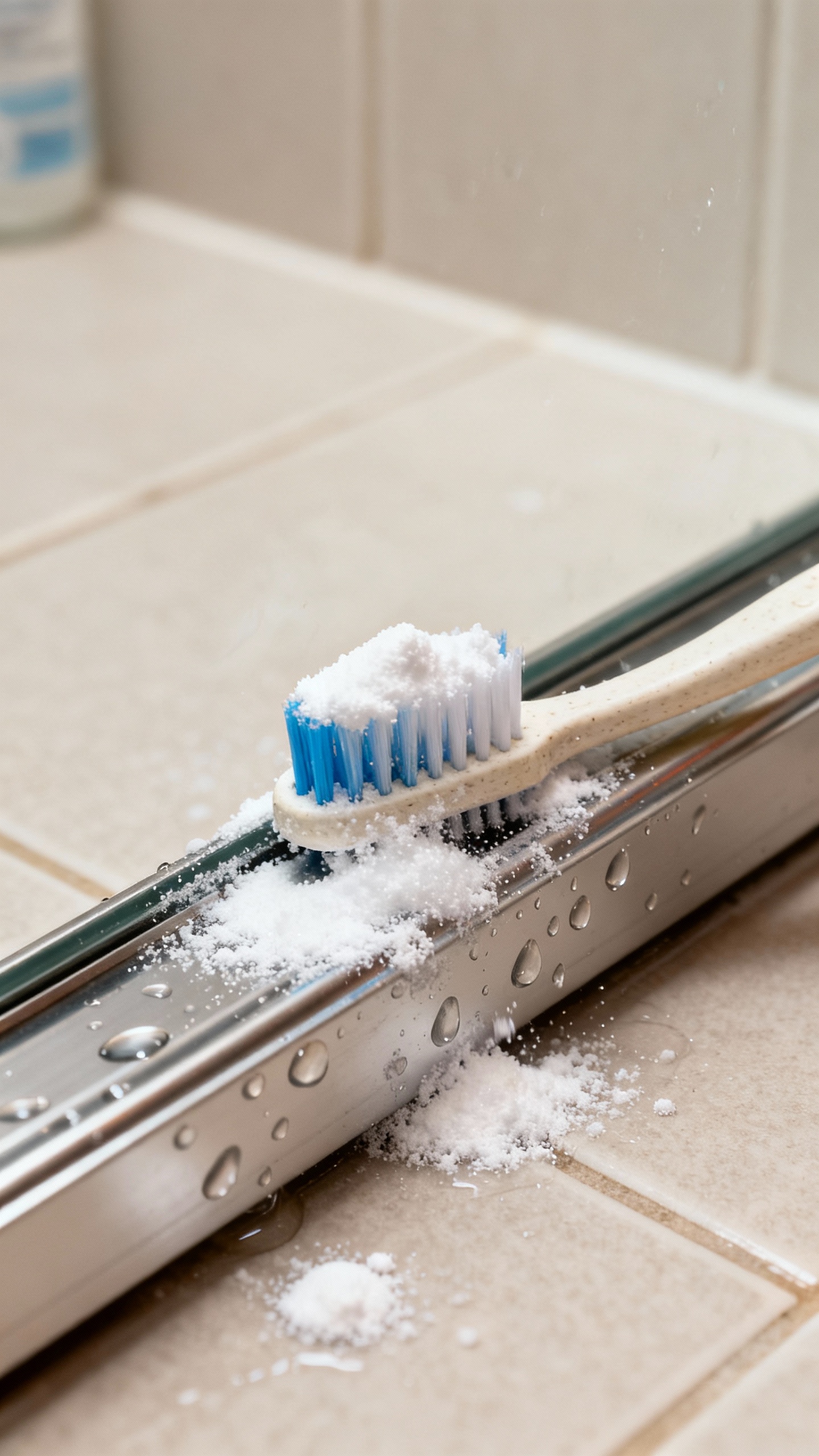How To Clean Glass Shower Doors Until They Shine Like New Detail shot of shower door track fizzing with baking soda and vinegar, old toothbrush scrubbing, wat