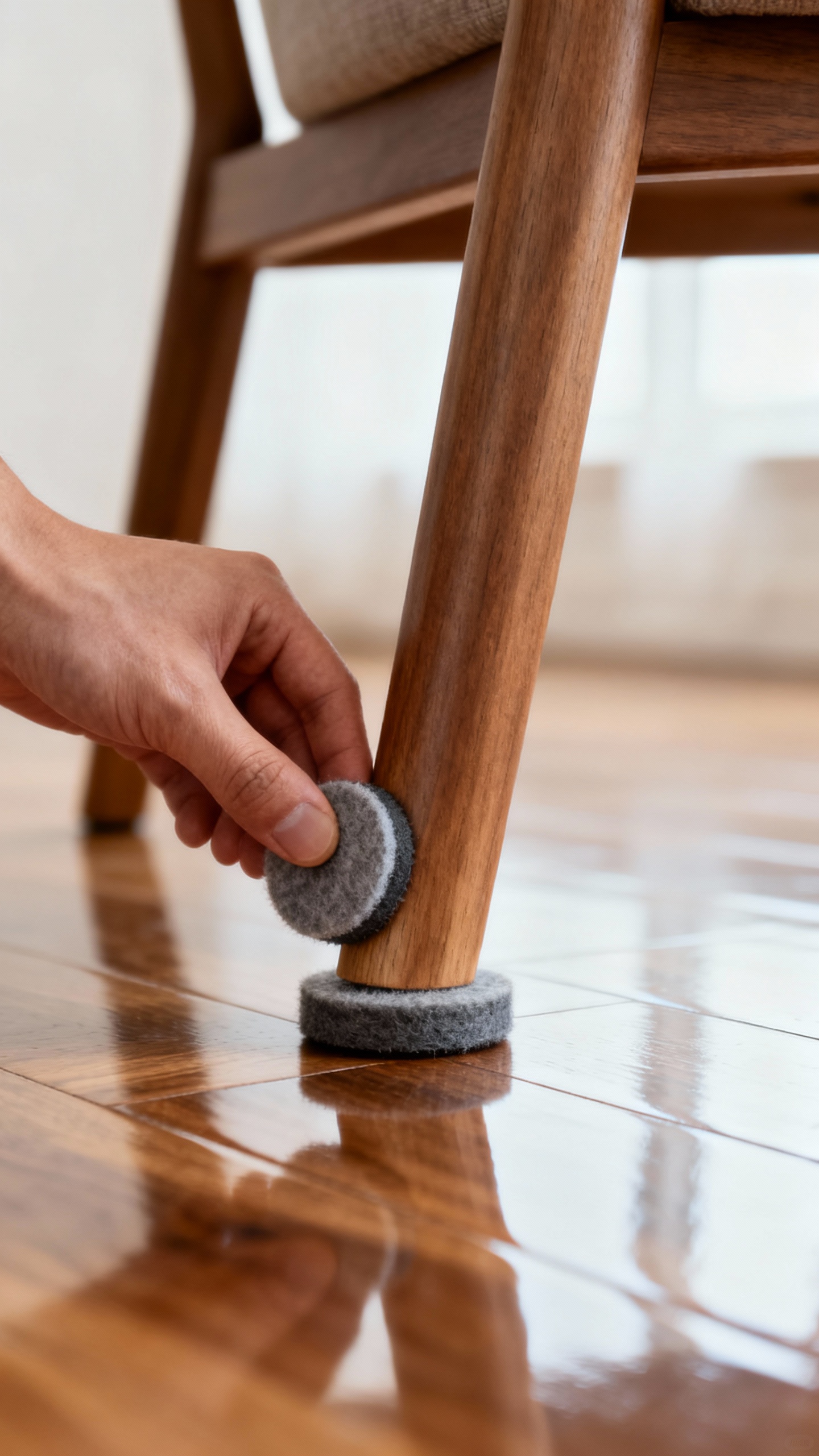 How To Clean Hardwood Floors The Right Way (without Damaging The Finish) Hand applying felt pad to chair leg on glossy hardwood floor