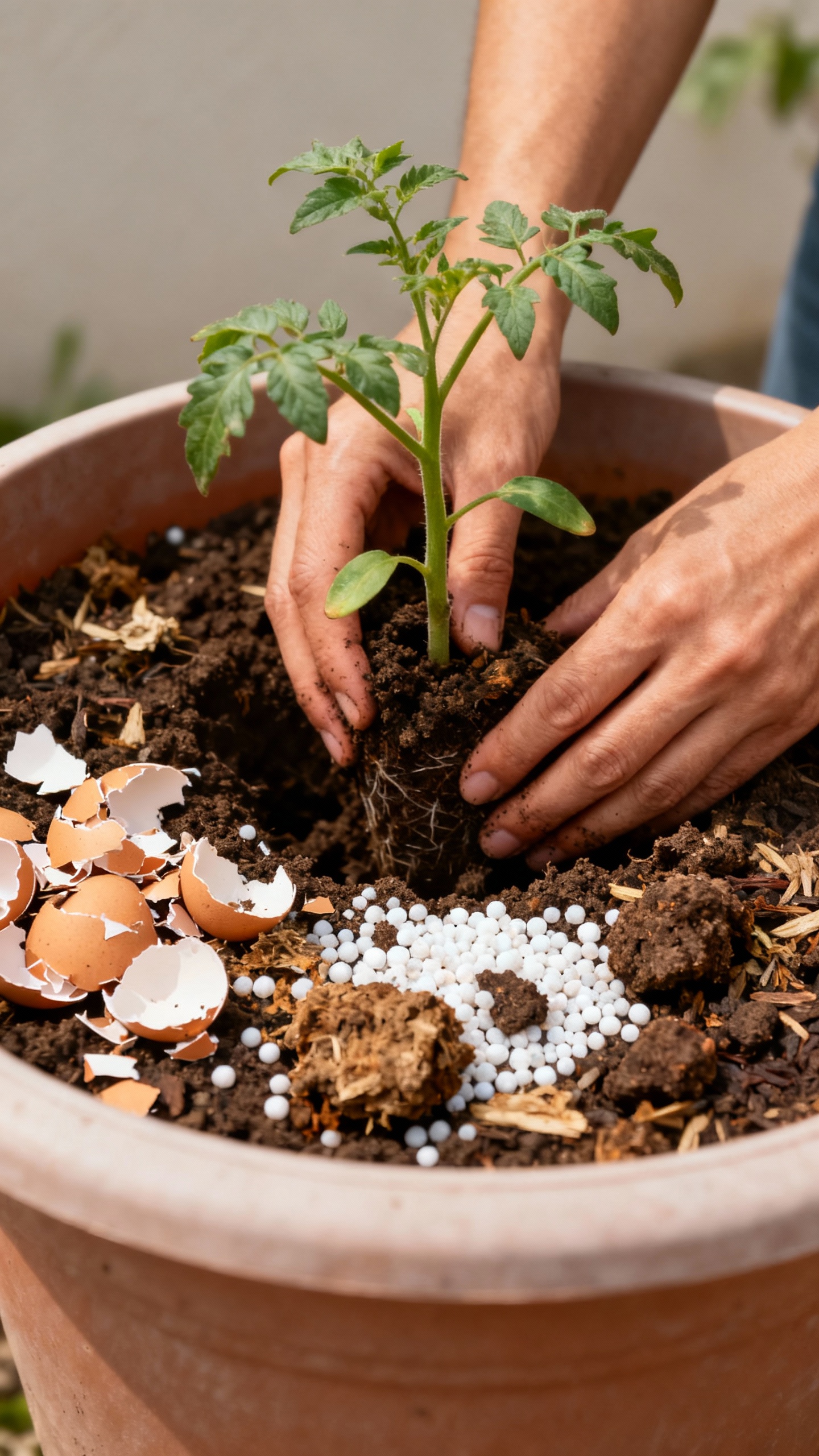 How To Grow Tomatoes — Big, Flavor-packed Fruits Even In Small Spaces Hands burying tomato seedling deep in large container, adding crushed eggshells, compost mix, perlit