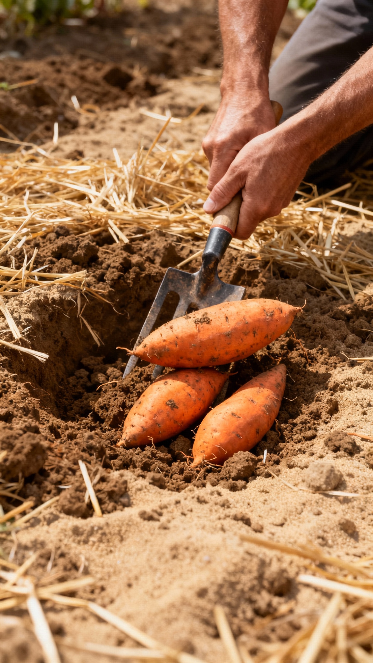 How To Grow Sweet Potatoes — Easy Method For A Lush, Tasty Harvest Hands harvesting sweet potatoes with garden fork, loose sandy loam, straw mulch, orange tubers, shad