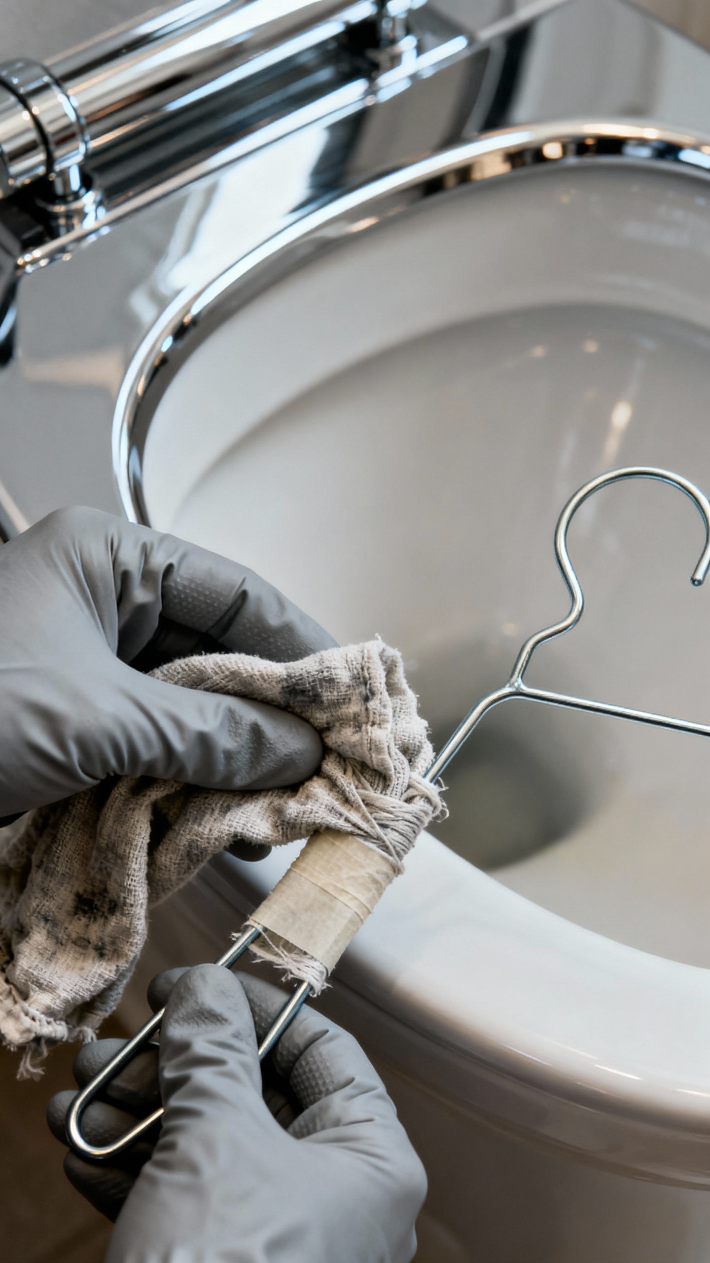 How To Unclog A Toilet Without A Plunger (fast & Easy Fix!) Hands in rubber gloves taping rag-wrapped wire hanger, chrome toilet rim nearby