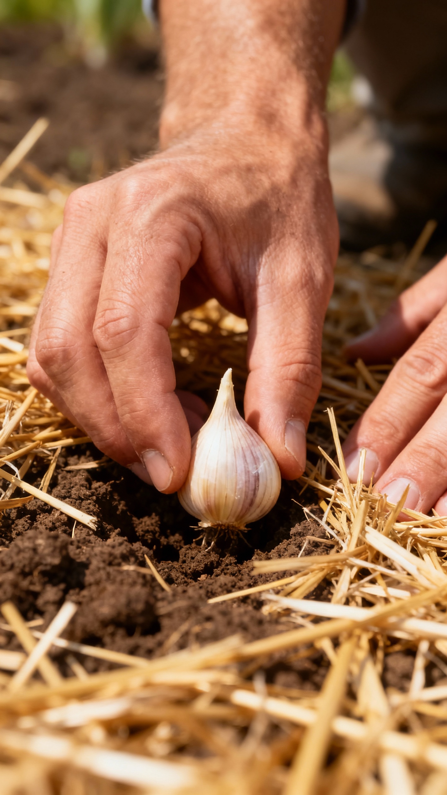 How To Grow Garlic Like A Pro — Even If You’ve Never Planted Anything Before Hands planting garlic clove pointy end up, mulched straw