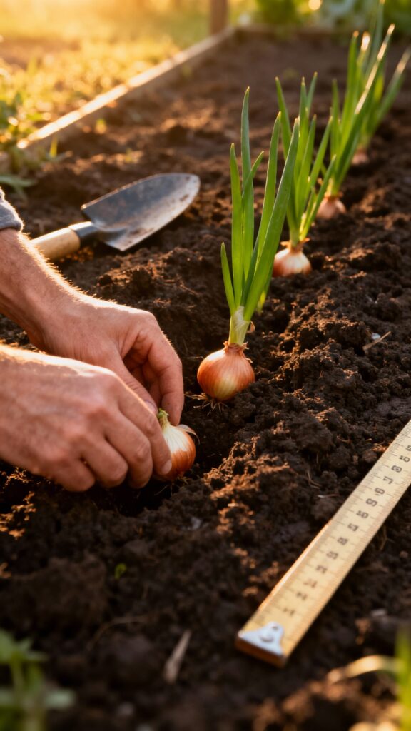 How To Grow Onions — From Kitchen Scraps To A Garden Full Of Flavor Hands planting onion sets in dark loamy soil, trowel and measuring stick, green shoots, morning ligh