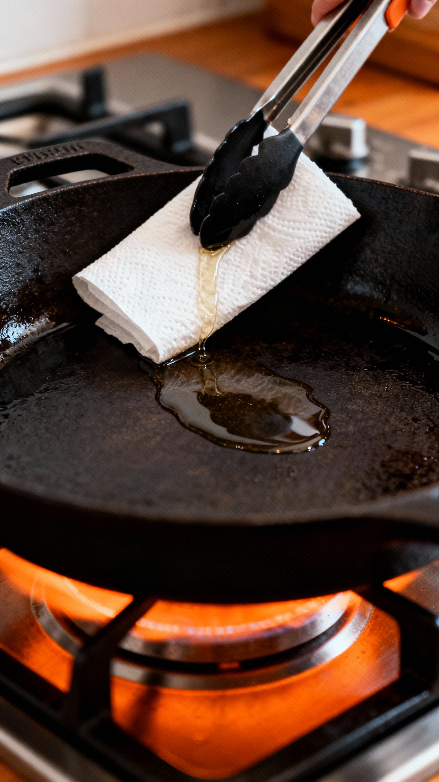 How To Clean A Cast Iron Skillet Without Ruining The Seasoning Low-angle stovetop scene: cast iron skillet heat-drying, thin oil wiped with paper towel held by ton