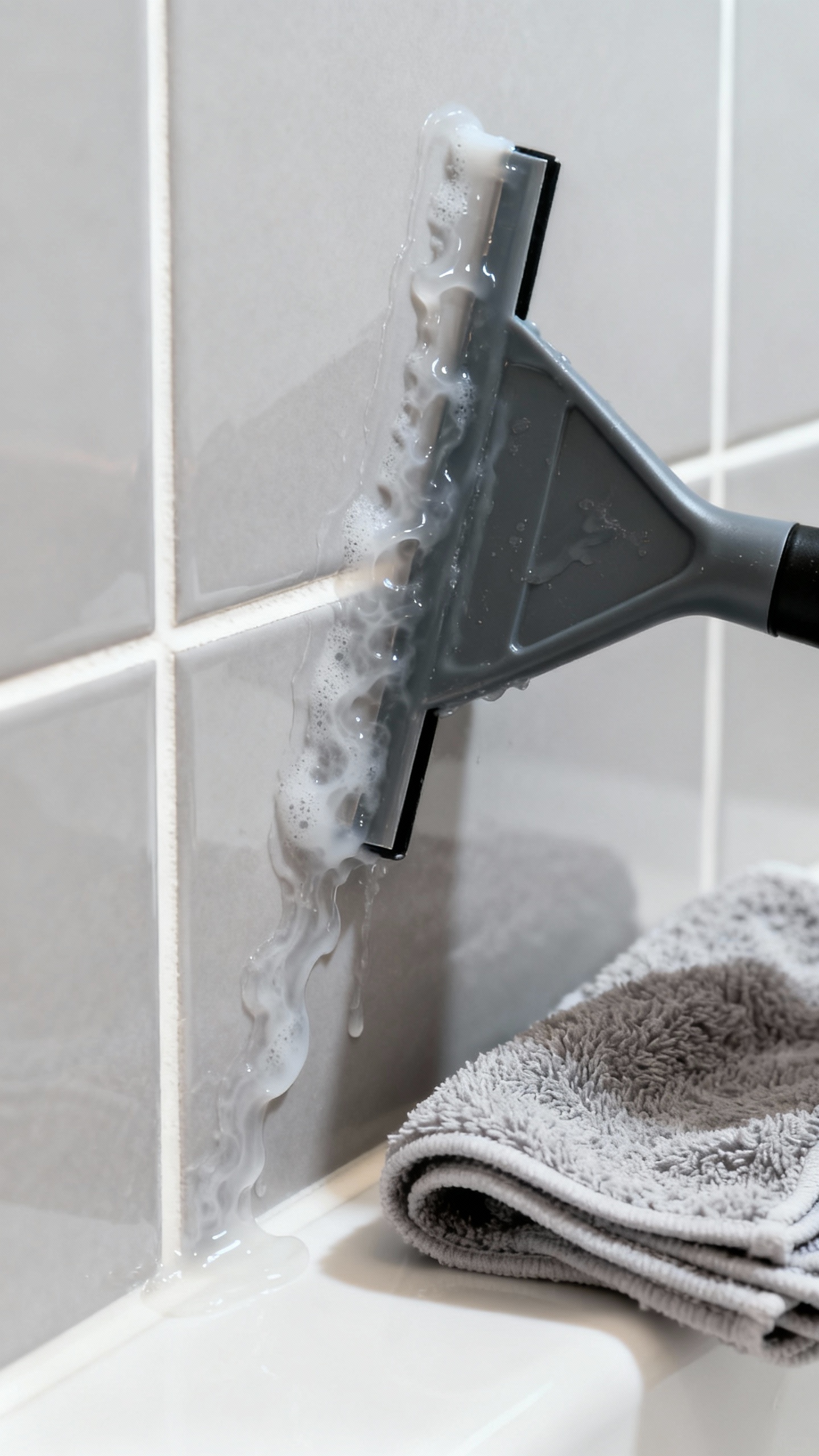 How To Remove Soap Scum — The Fastest Way, No Scrubbing Needed! Macro shot of squeegee pulling melted soap scum from tiled shower wall, cloudy residue line, white g