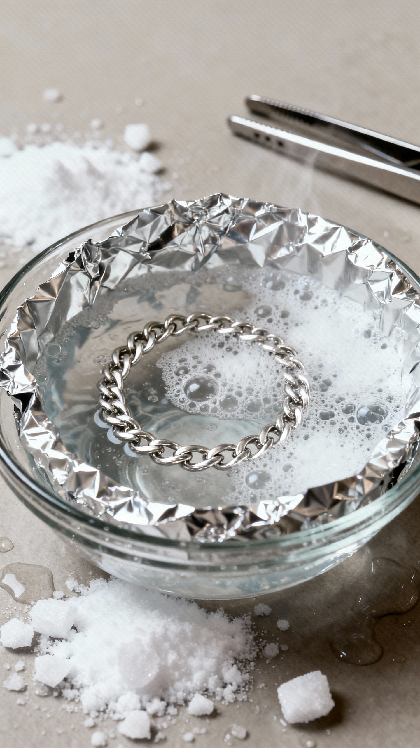How To Clean Silver Jewelry And Make It Shine Like New Macro shot silver necklace in foil-lined glass bowl, hot water fizzing, baking soda crystals, tongs
