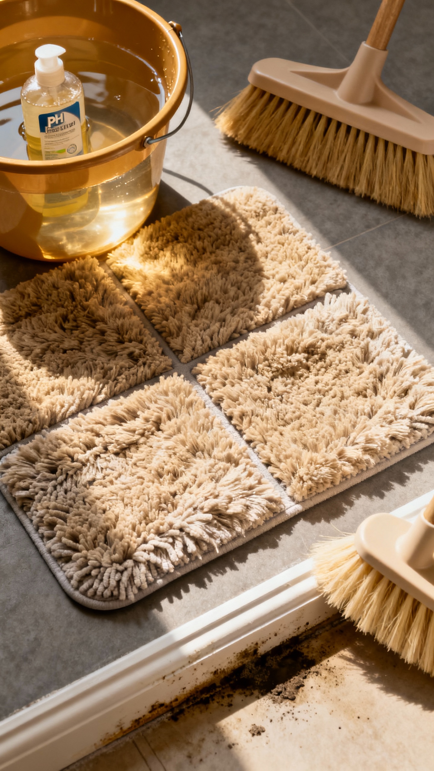 How To Deep Clean Tile Floors (and Make Your Bathroom Sparkle!) Overhead closeup of microfiber mop in 3x3 section, warm water bucket with pH-neutral cleaner, soft-b