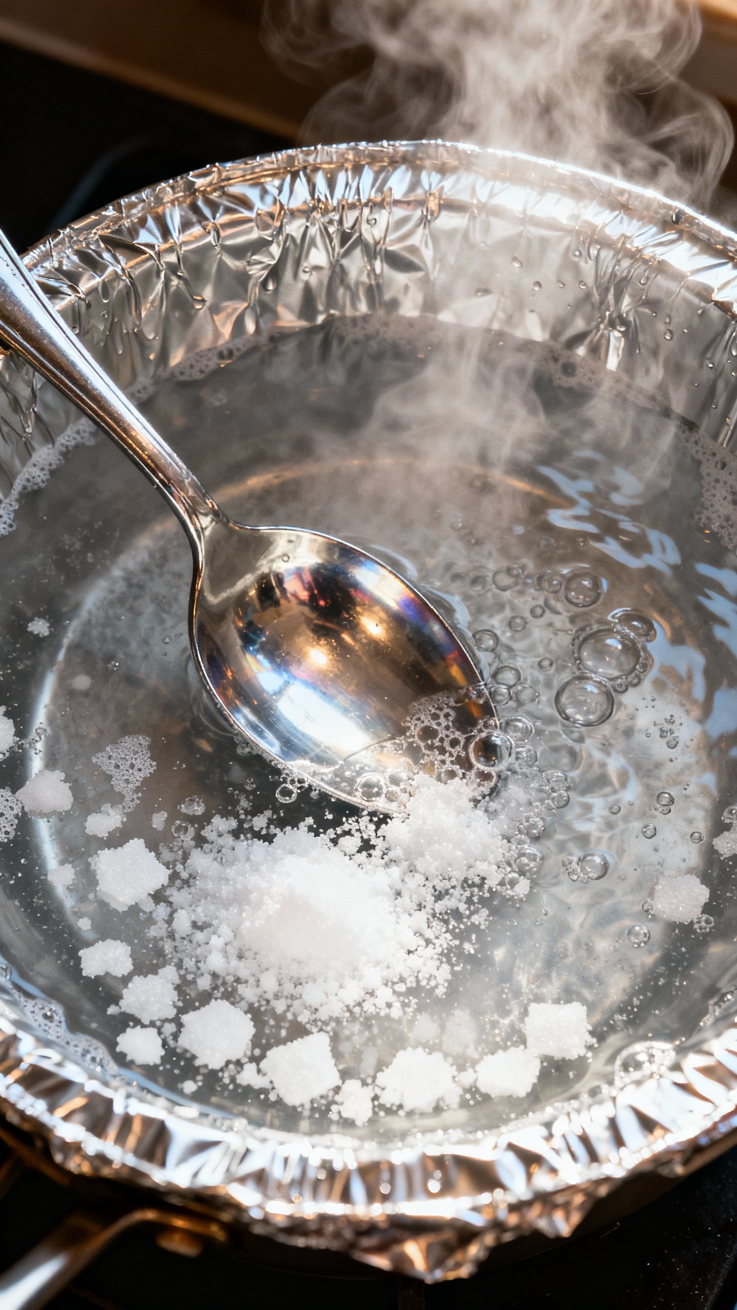 How To Clean Silverware and Bring Back That Brilliant Shine Overhead closeup silverware in aluminum foil-lined basin, hot water fizzing, baking soda crystals, s