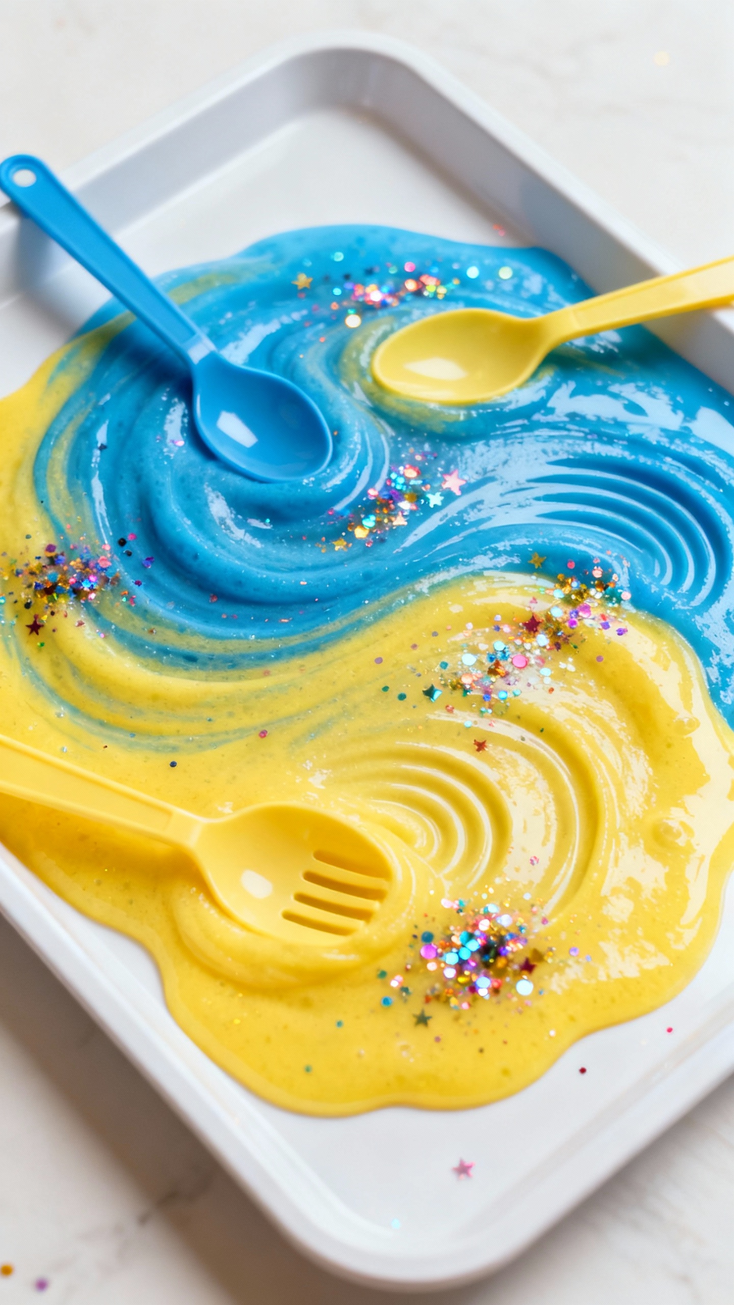Overhead shot of tray with two-color oobleck swirls, edible glitter sparkle, plastic spoon impressio