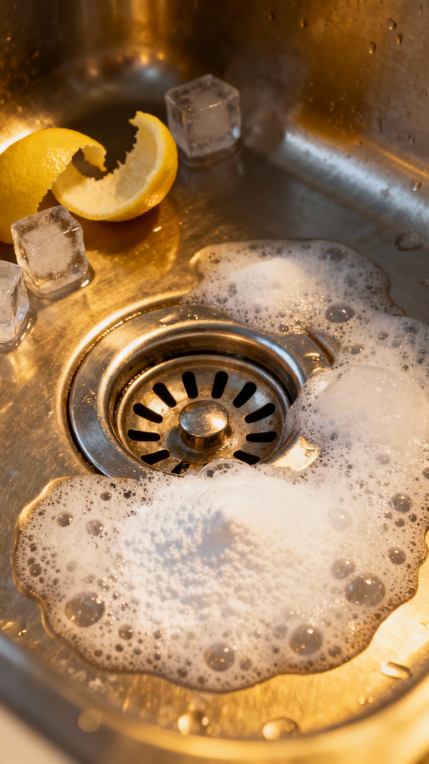 Sink drain deep-clean scene, baking soda and white vinegar fizzing foam, metal drain and disposal ri
