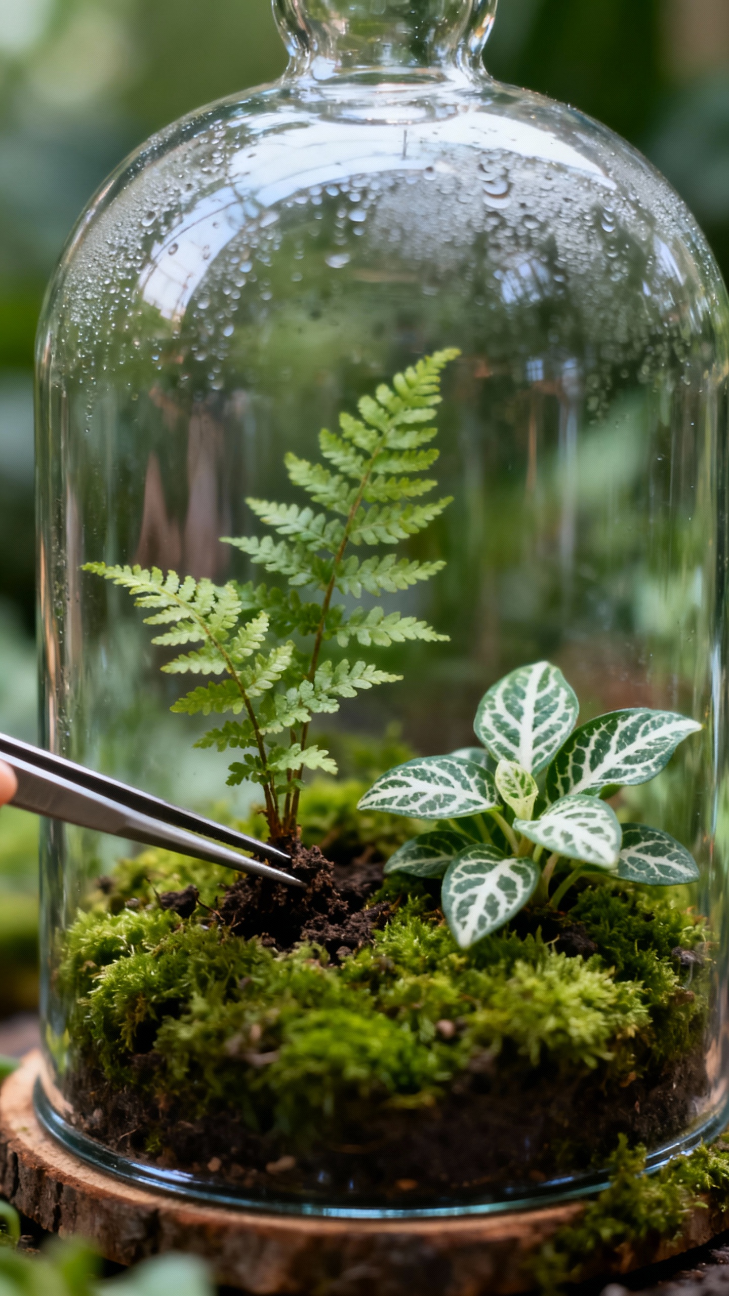 How To Make A Terrarium That Stays Green And Gorgeous Tweezers planting mini fern beside fittonia in mossy closed cloche