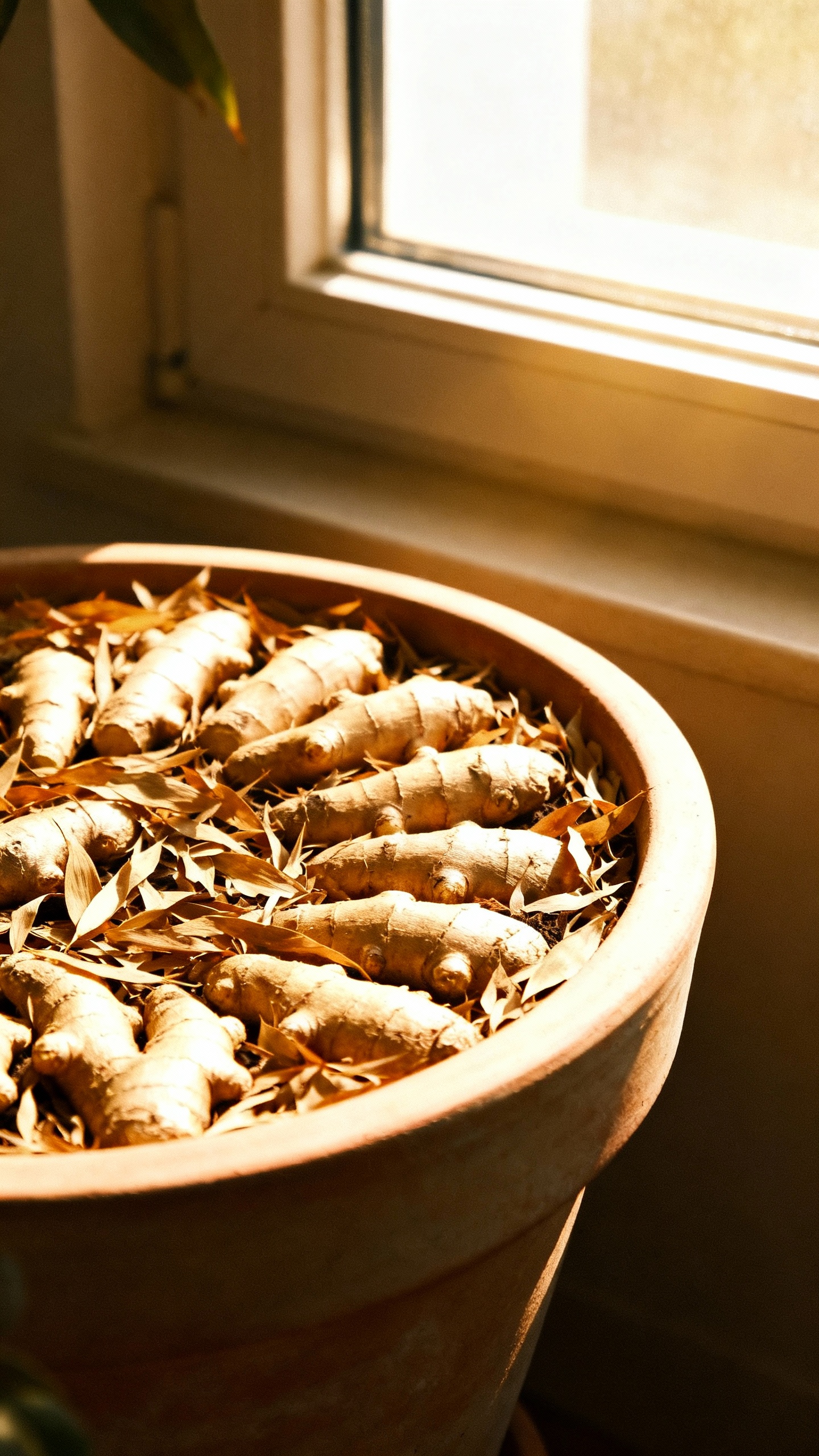 Wide shallow pot filled with ginger pieces planted horizontally, mulch layer of shredded leaves, bri